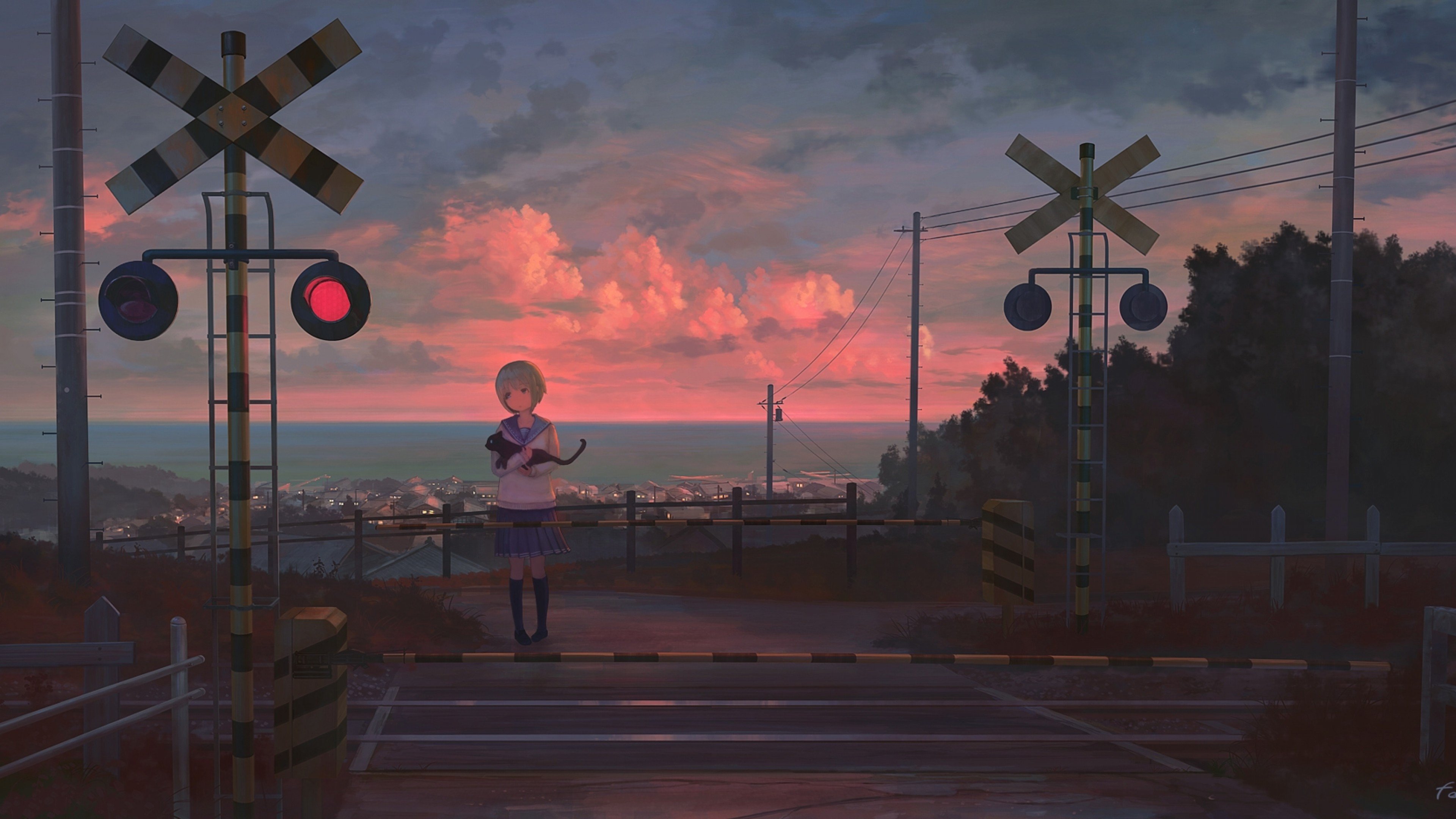 Download 3840x2160 Anime Landscape, Scenic, Anime Girl, Railway, Cat, Buildings Wallpaper for UHD TV