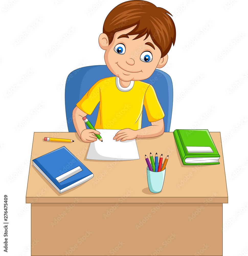Cartoon little boy studying on the table Stock Vector