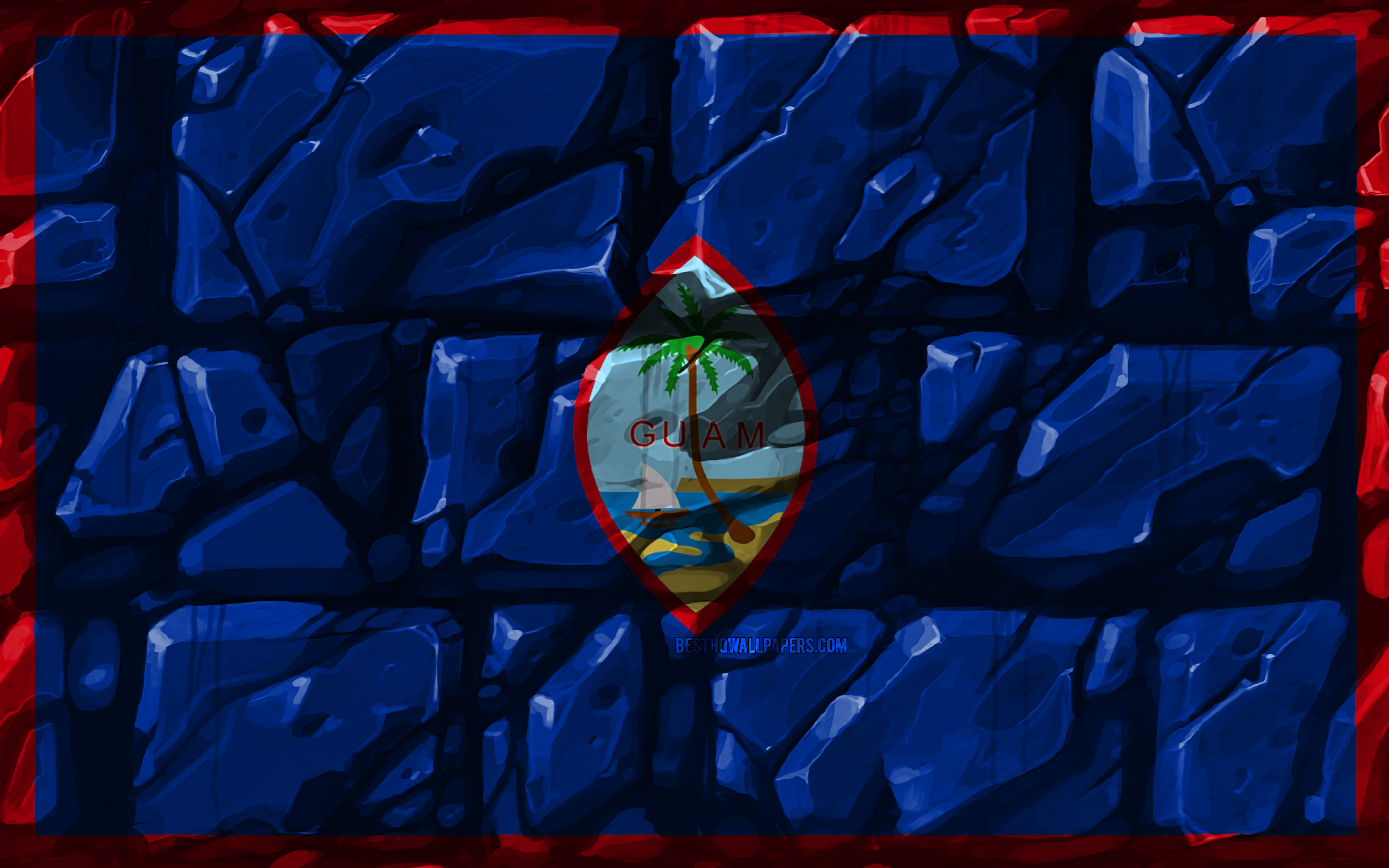 Download wallpaper Guam flag, brickwall, 4k, Oceanian countries, national symbols, Flag of Guam, creative, Guam, Oceania, Guam 3D flag for desktop with resolution 3840x2400. High Quality HD picture wallpaper