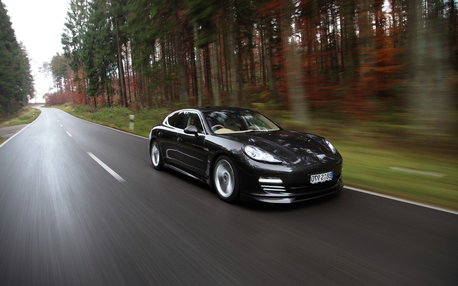 Speed Black Car Forest Road Lanes wallpaper