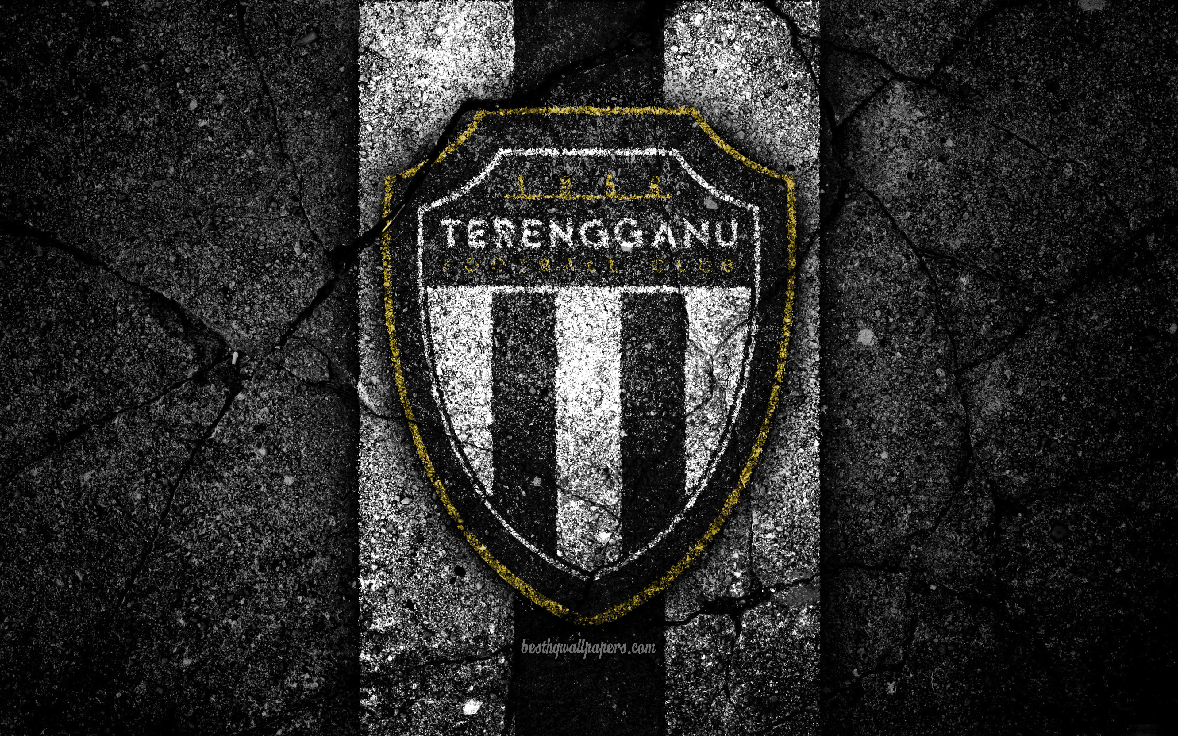 Download wallpaper Terengganu FC, 4k, logo, Malaysia Super League, football, soccer, black stone, Malaysia, Terengganu, asphalt texture, football club, FC Terengganu for desktop with resolution 3840x2400. High Quality HD picture wallpaper