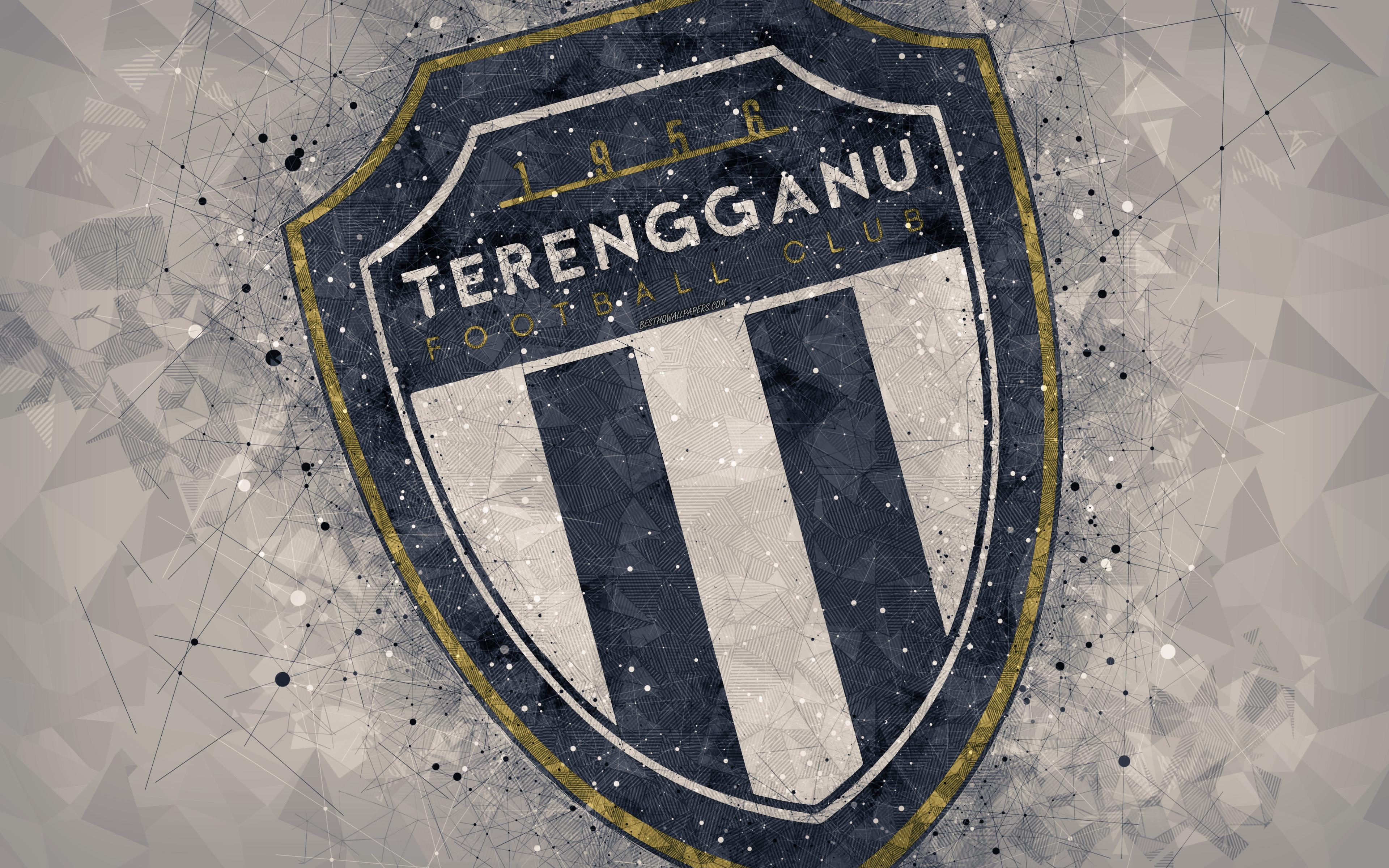 Download wallpaper Terengganu FC, 4k, logo, geometric art, Malaysian football club, gray background, Malaysia Super League, Kuala Terengganu, Malaysia, football for desktop with resolution 3840x2400. High Quality HD picture wallpaper