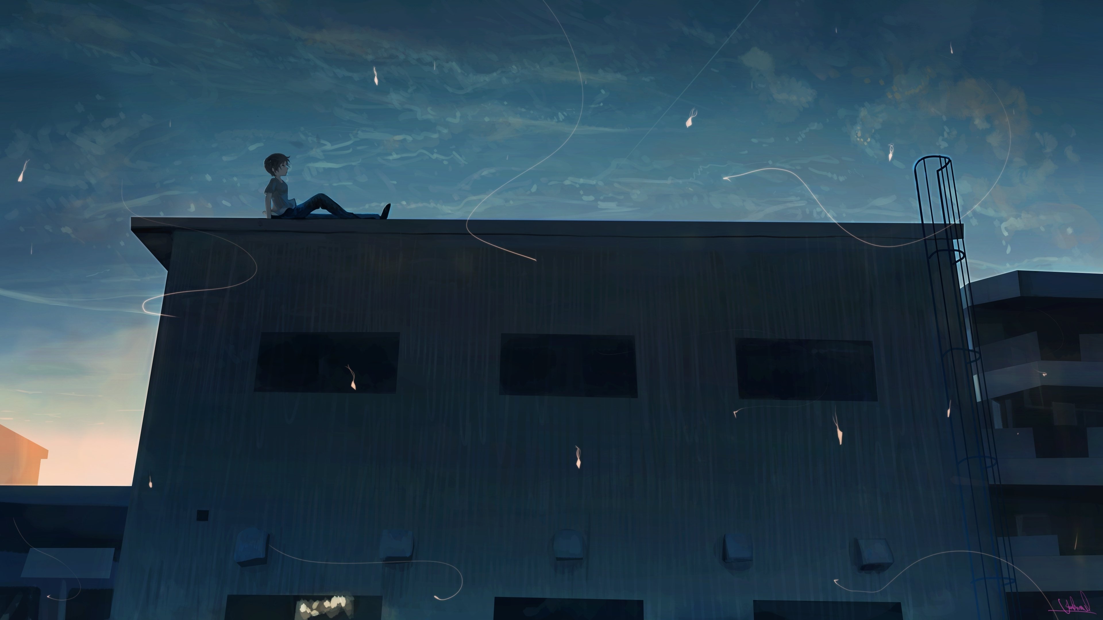 Wallpaper Rooftop, Scenic, Anime Boy, Stars, Building:3840x2160