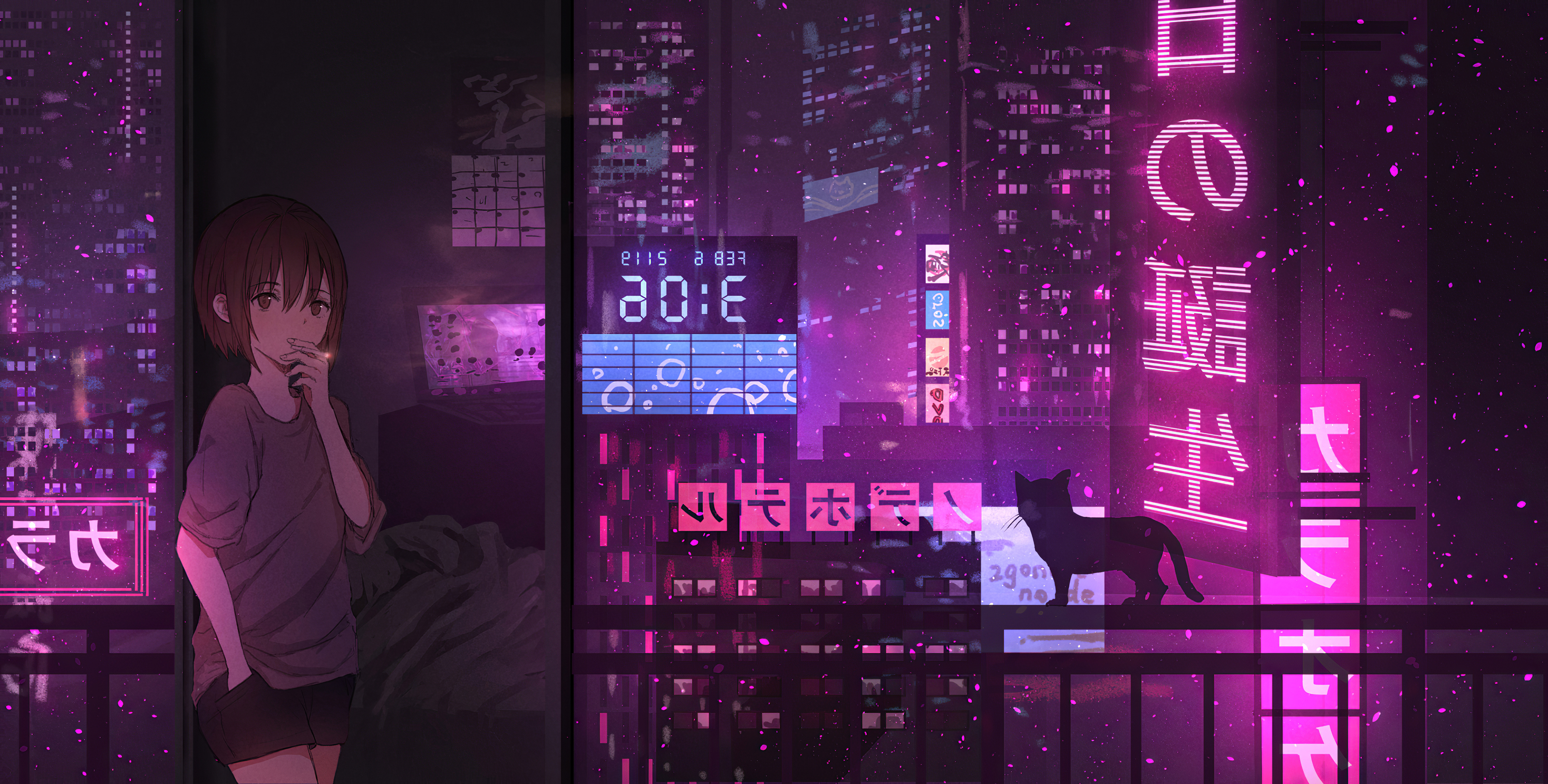 Neon Night Anime Girl Cat / iPhone HD Wallpaper Background Download (png / jpg) (2022)