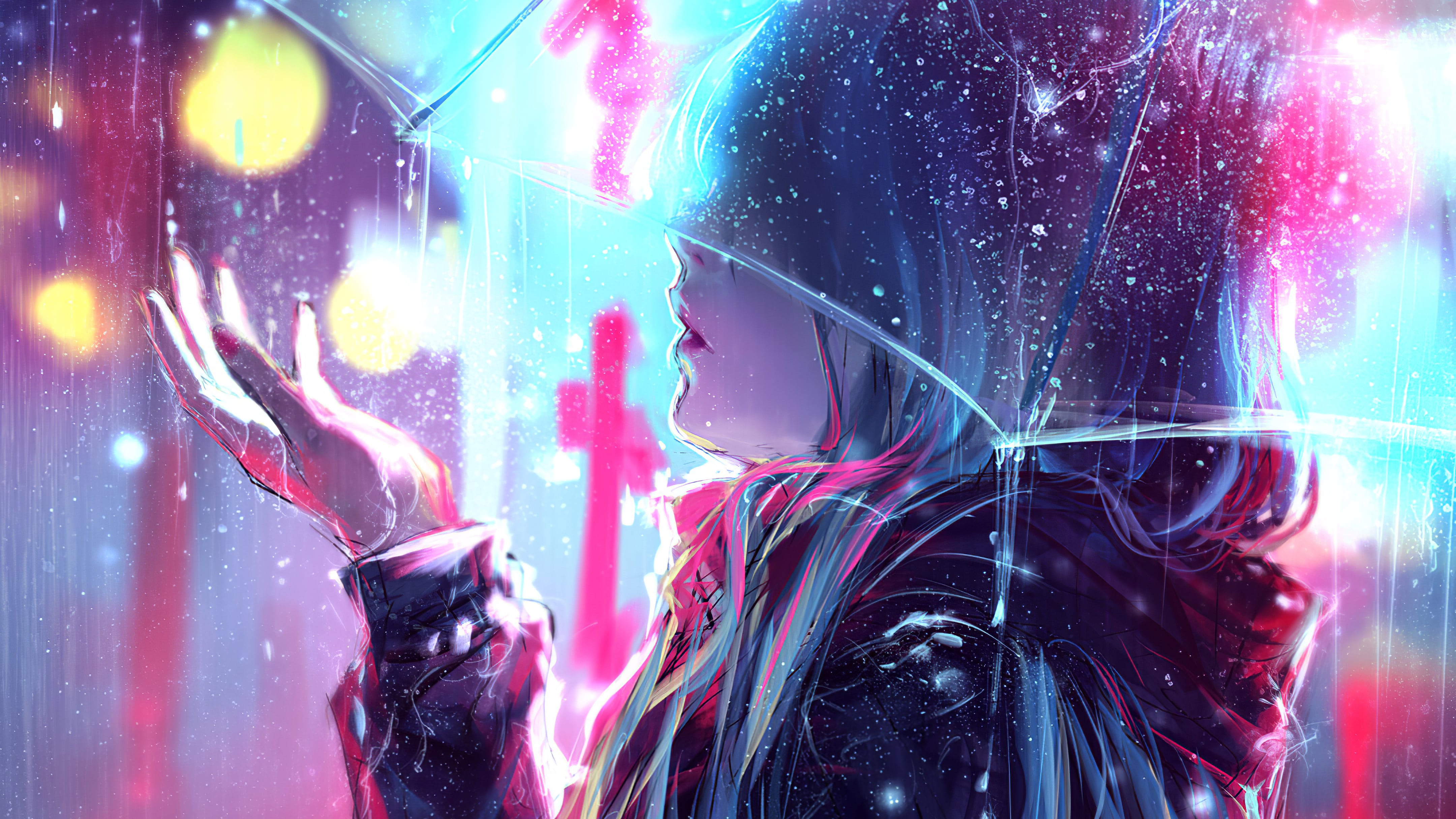 Wallpaper Of Girl, Rain, Umbrella, Yuumei Background Girl Neon Lights