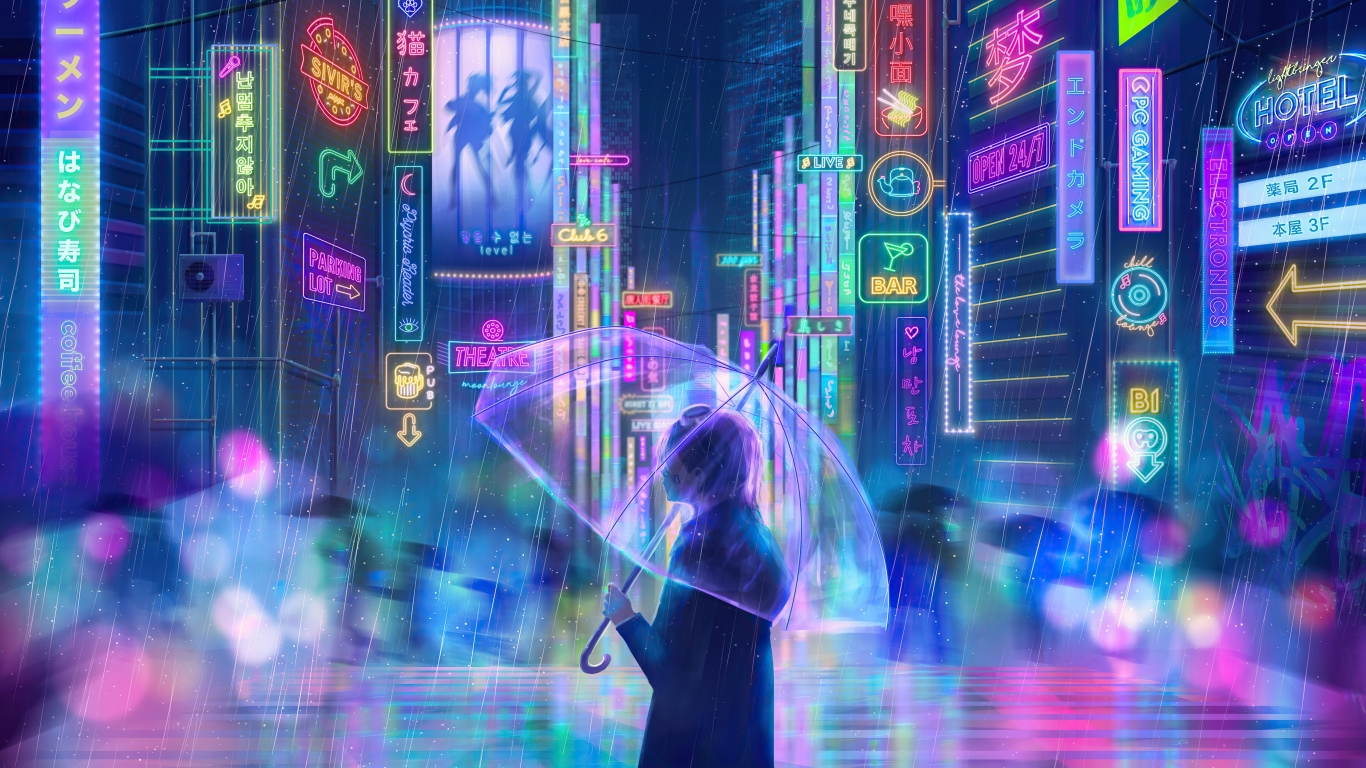 Wallpaper Anime Neon City, Raining, Anime Girl, Buildings:5120x2892