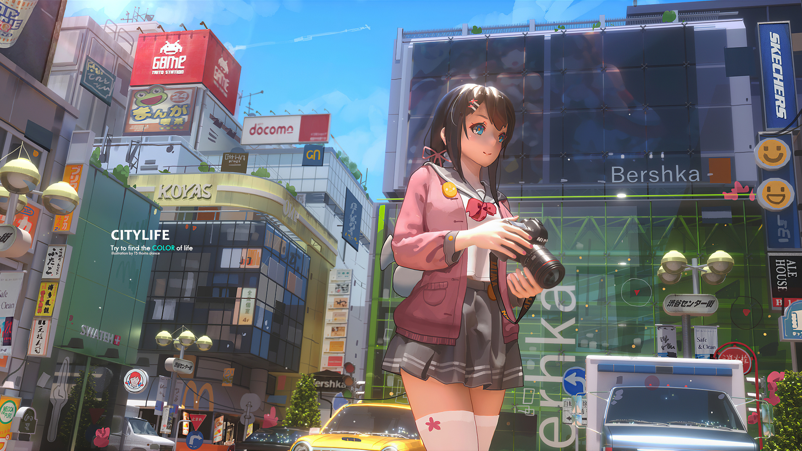 Anime Girl With Camera City Life 4k 1440P Resolution HD 4k Wallpaper, Image, Background, Photo and Picture