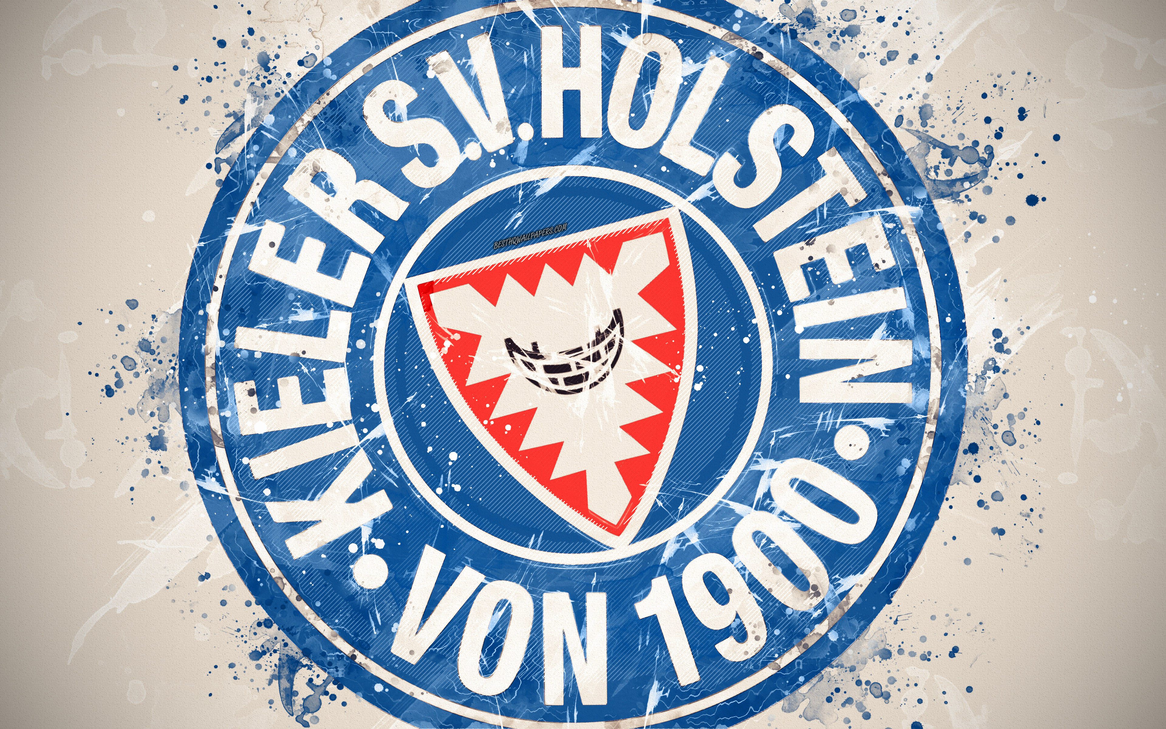 Download wallpaper Holstein Kiel FC, 4k, paint art, logo, creative, German football team, Bundesliga 2, emblem, white background, grunge style, Kiel, Germany, football for desktop with resolution 3840x2400. High Quality HD picture