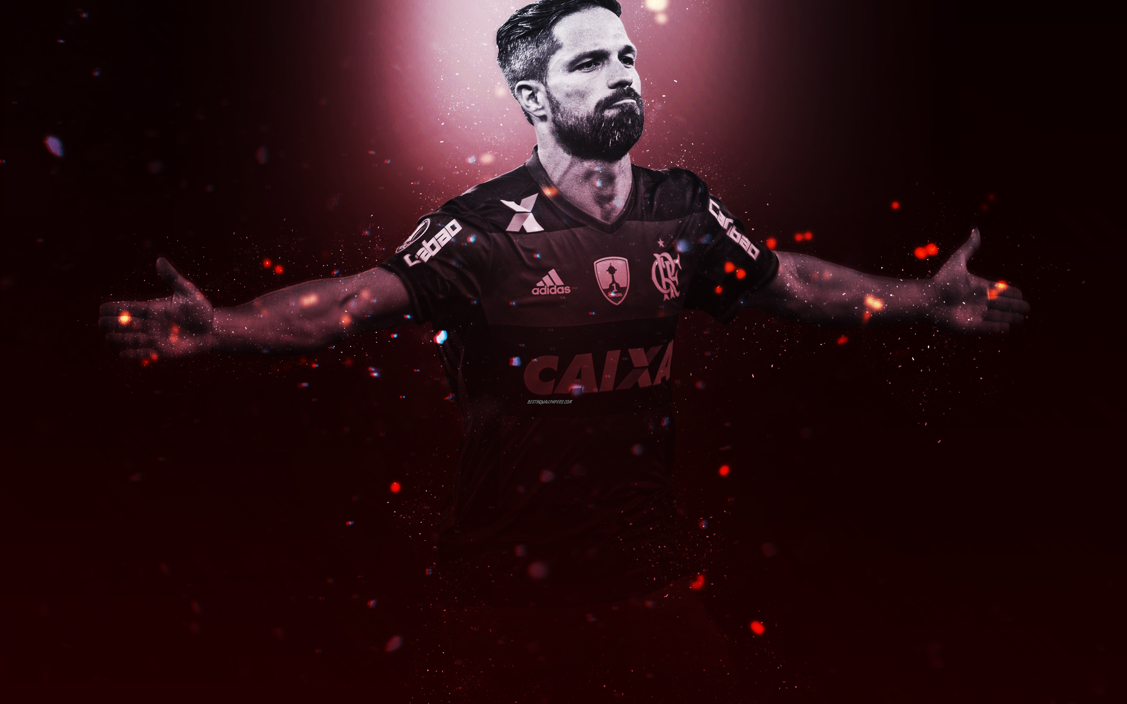 Download wallpaper Diego, 4k, creative art, Flamengo, Brazilian footballer, lighting effects, red background, portrait, Serie A, Brazil, CR Flamengo, football players, Diego Ribas da Cunha for desktop with resolution 3840x2400. High Quality