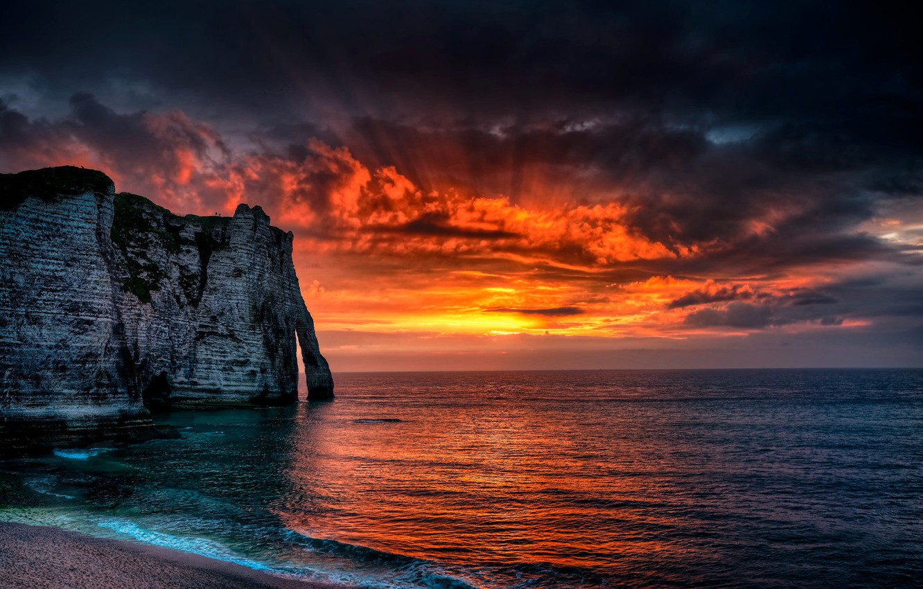 Wallpaper sea, the sun, clouds, rays, landscape, sunset, rock, France, sea, France, Normandy, Etretat, Étretat image for desktop, section пейзажи