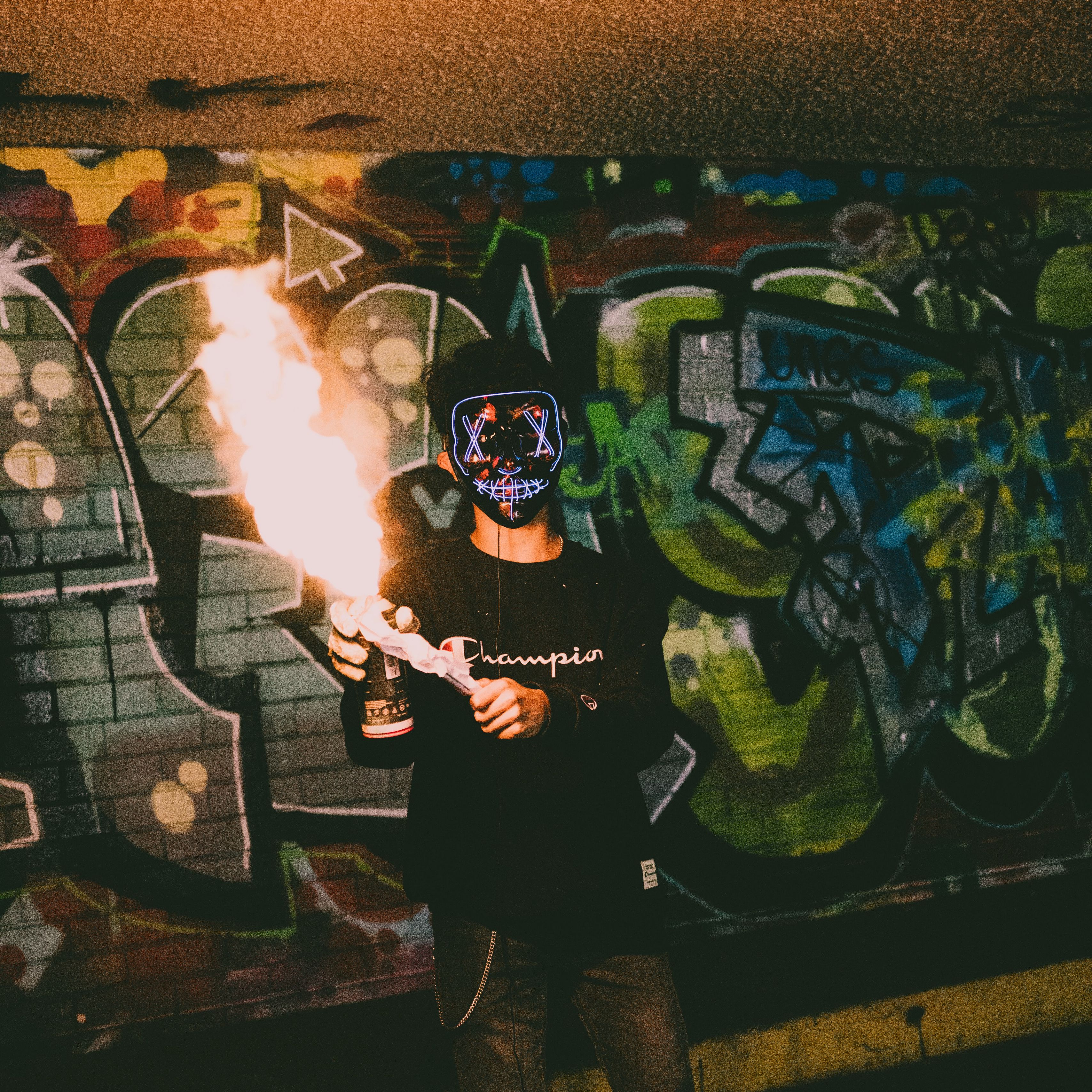 Download wallpaper 3415x3415 mask, neon, fire, graffiti ipad pro 12.9 retina for parallax HD background