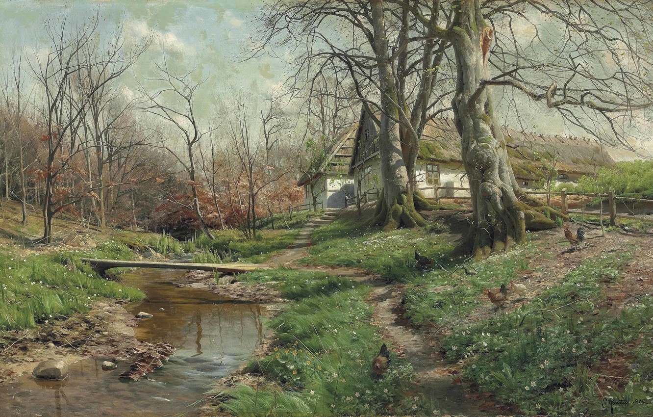 Wallpaper Danish painter, Peter Merk Of Menstad, Peder Mørk Mønsted, Farmstead by a river, HOMESTEAD by the river, Danish realist painter image for desktop, section живопись