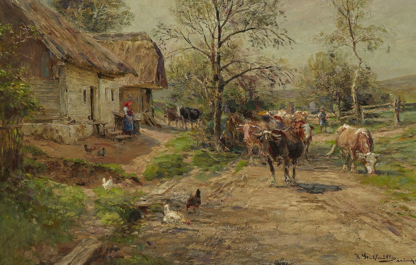 Wallpaper German painter, German painter, oil on canvas, Carl Stuhlmuller, Karl Chair Müller, Cowherd with herd in front of farm homestead, Cowherd with the herd in front of farmhouse, Shepherd with flock