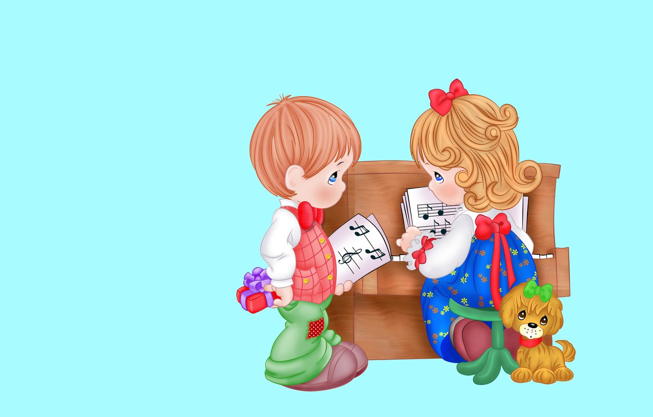 Wallpaper notes, music, holiday, gift, vector, boy, art, friendship, piano, dog, children's, girl. image for desktop, section разное