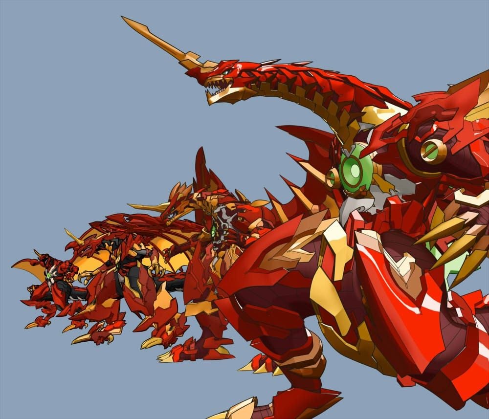 Dragonoid and his 3 evolutions: Hyper Dragonoid, Titan Dragonoid and Dragonoid Maximus. Anime artwork, Robot concept art, Dragon artwork
