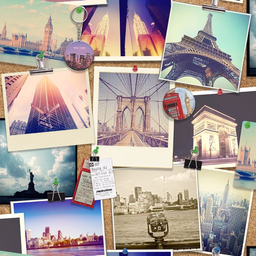 Holden City Pinboard Photo Collage Pattern Wallpaper New York London Paris 12060 Coloured. I Want Wallpaper