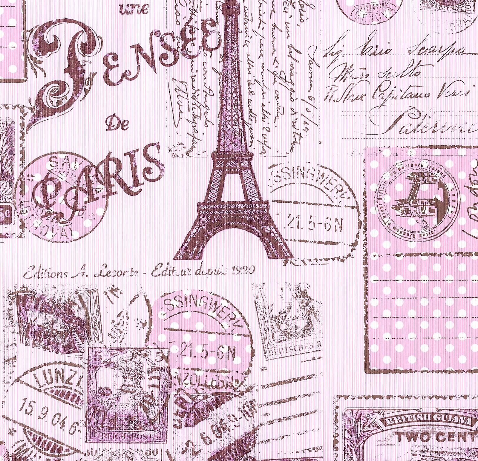 Paris Stamp Collage Stripe Wallpaper Girls Pink Brown Eiffel Tower Textured