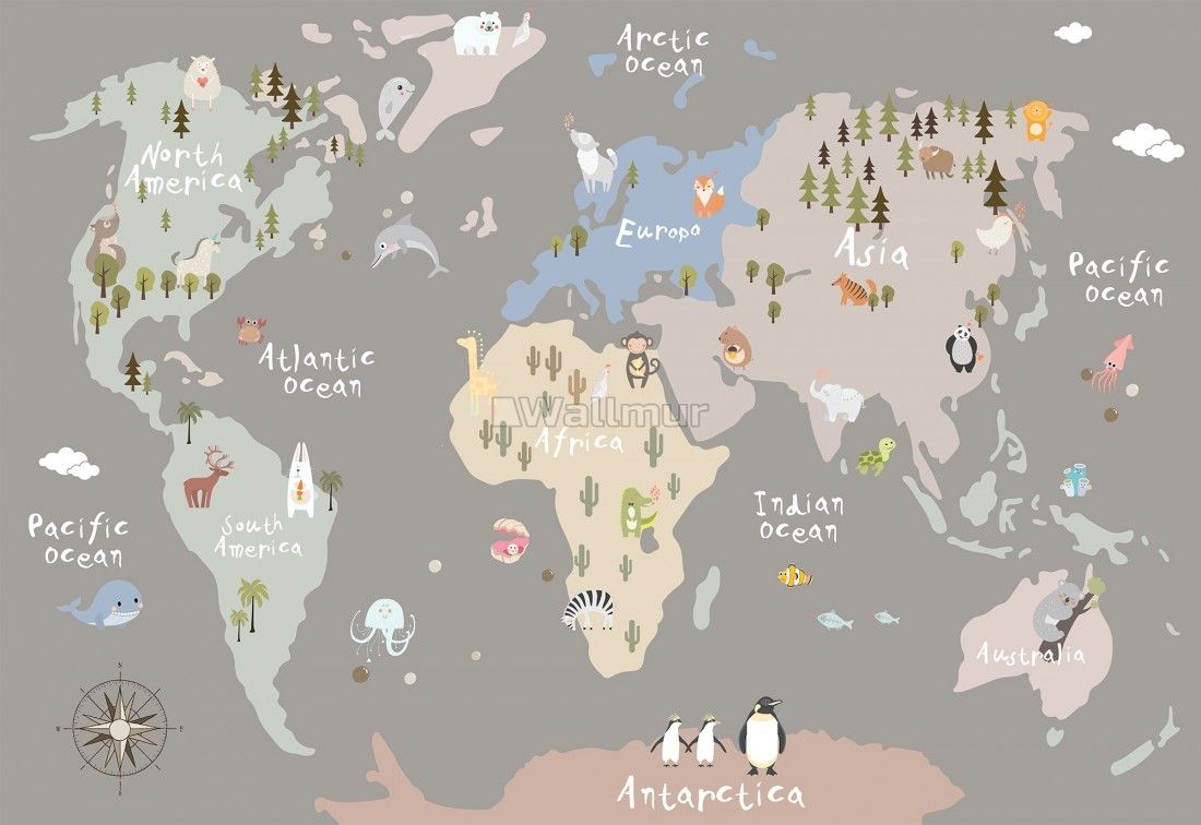 Kids Colorful World Map with Animals Wallpaper Mural