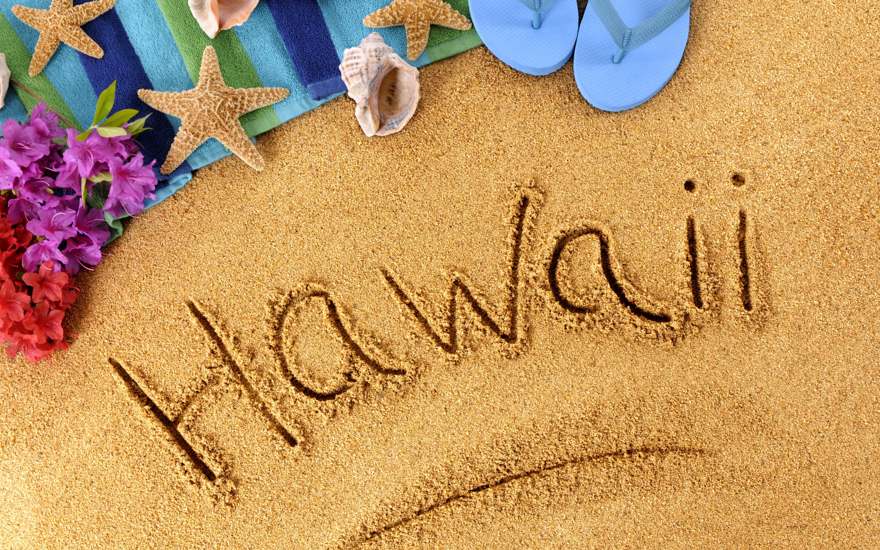 Download wallpaper sand, beach, tourism, summer travel, beach accessories, Hawaii concerts, word on the sand, summer for desktop with resolution 2880x1800. High Quality HD picture wallpaper