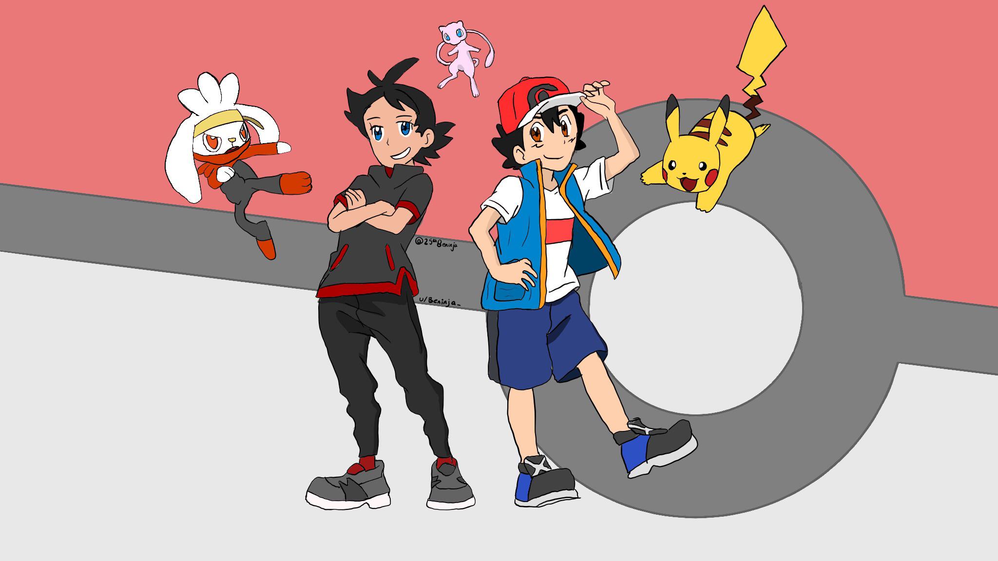 Another (OC) fanart! This time with Goh, Ash, Pikachu, Raboot and Mew