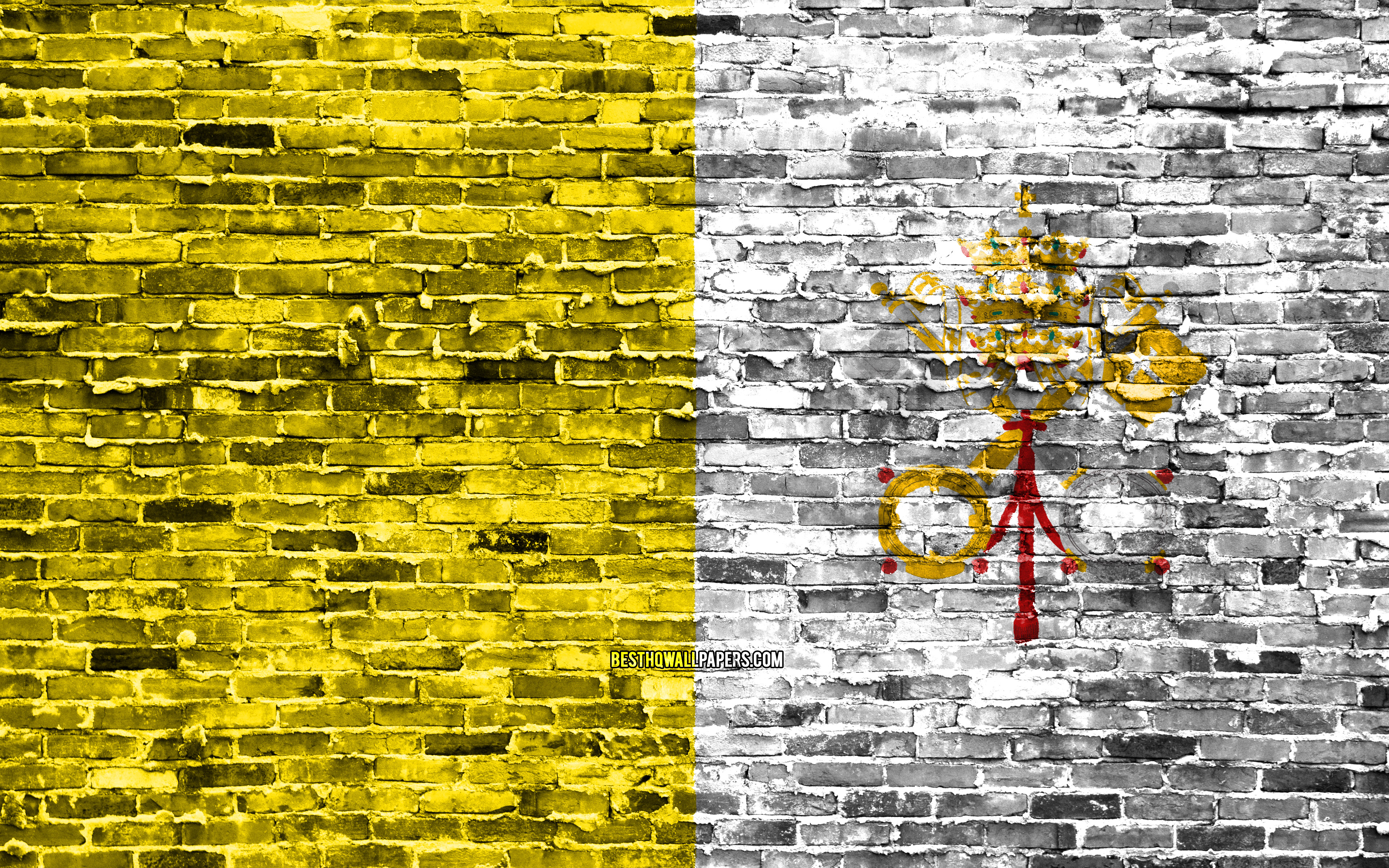 Download wallpaper 4k, Vatican flag, bricks texture, Europe, national symbols, Flag of Vatican, brickwall, Vatican 3D flag, European countries, Vatican for desktop with resolution 3840x2400. High Quality HD picture wallpaper
