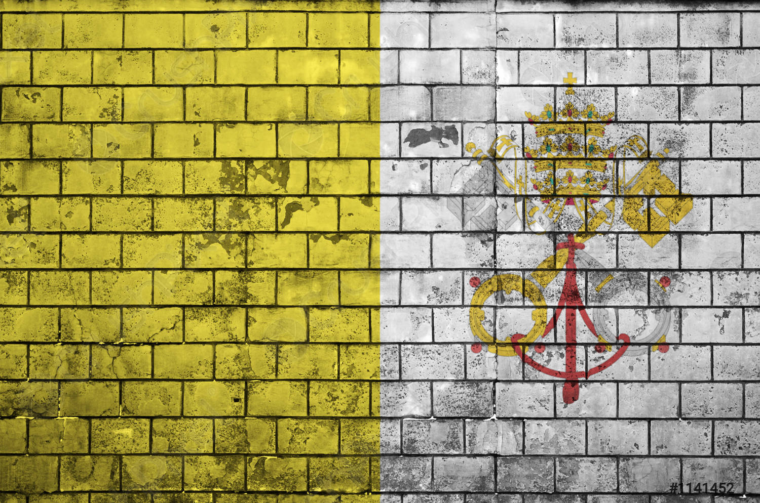 Vatican City State flag is painted onto an old brick