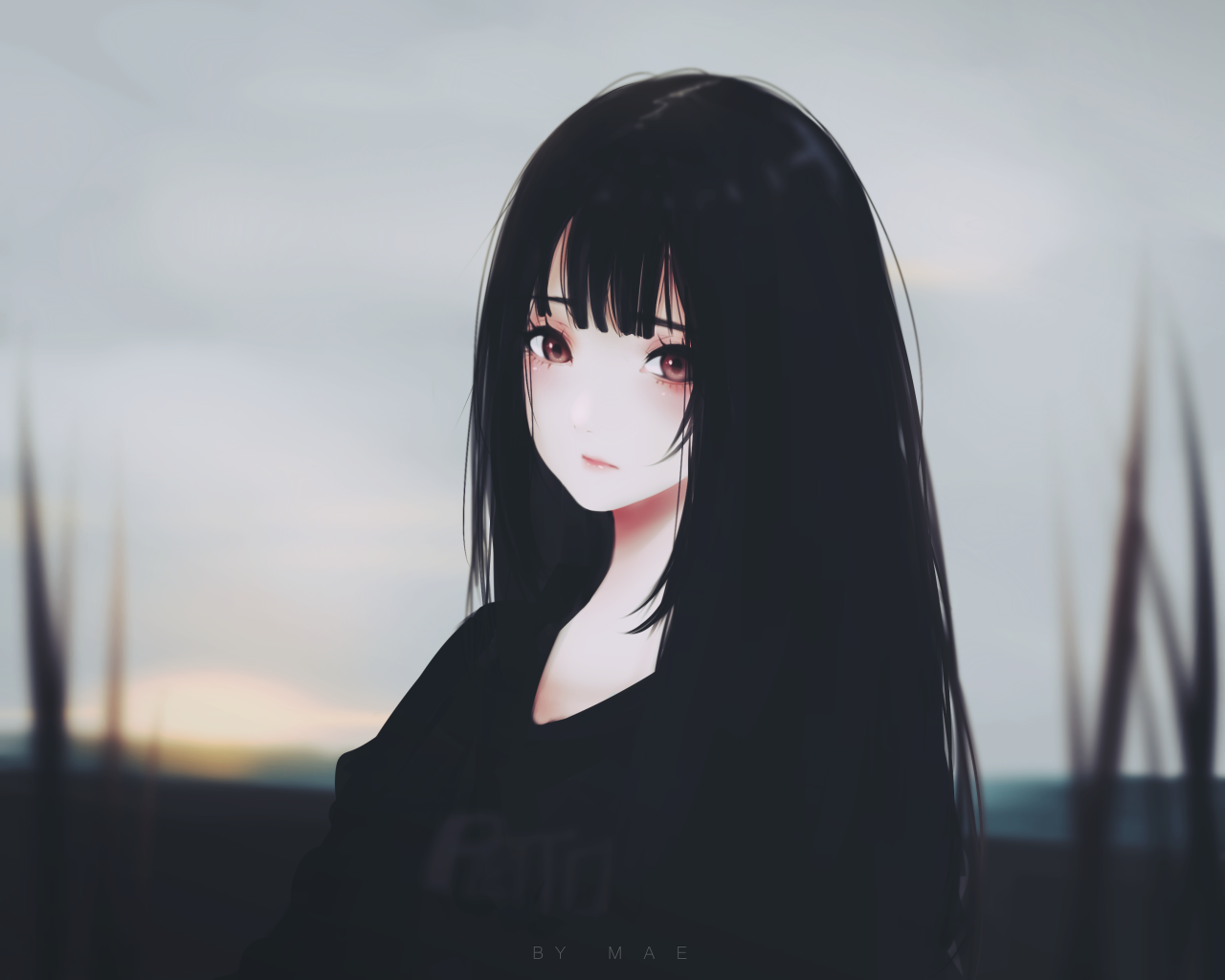 Anime Girl, Black Hair, Sad Expression, Semi Realistic Hair Anime Girl
