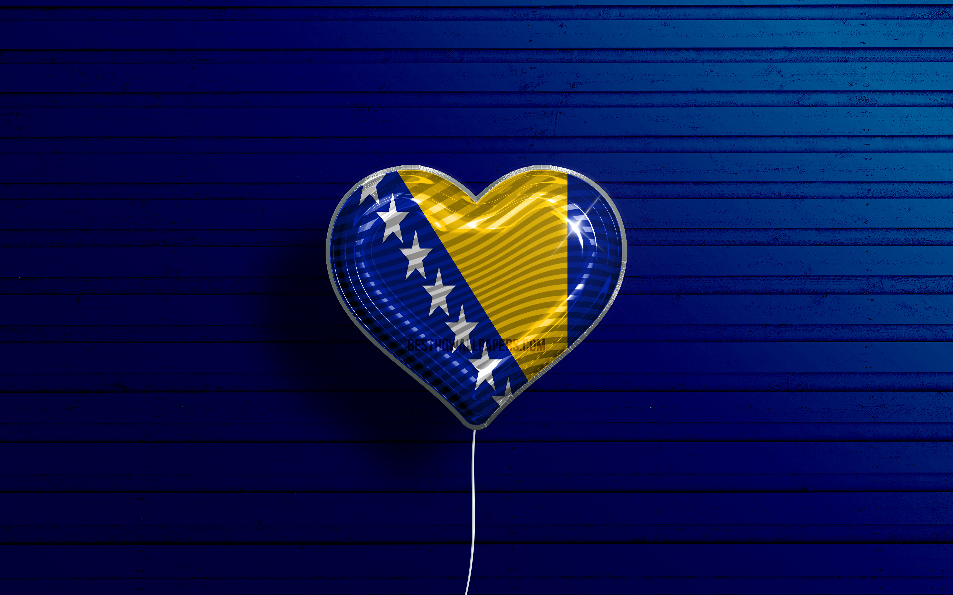 Download wallpaper I Love Bosnia and Herzegovina, 4k, realistic balloons, blue wooden background, Bosnian flag heart, Europe, favorite countries, flag of Bosnia and Herzegovina, balloon with flag, Bosnian flag, Bosnia and Herzegovina