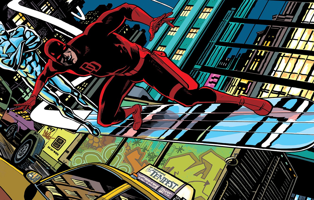 Wallpaper machine, the city, street, Board, Daredevil, Marvel Comics, Daredevil, Silver Surfer, Silver Surfer image for desktop, section фантастика