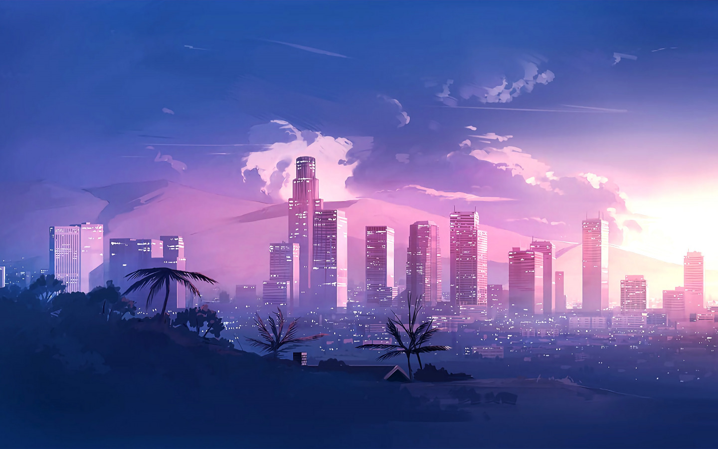 Download wallpaper Music, The city, Style, Landscape, 80s, Style, Neon, Illustration, 80's, Synth, Retrowave, Synthwave, New Retro Wave, section art in resolution 1440x900