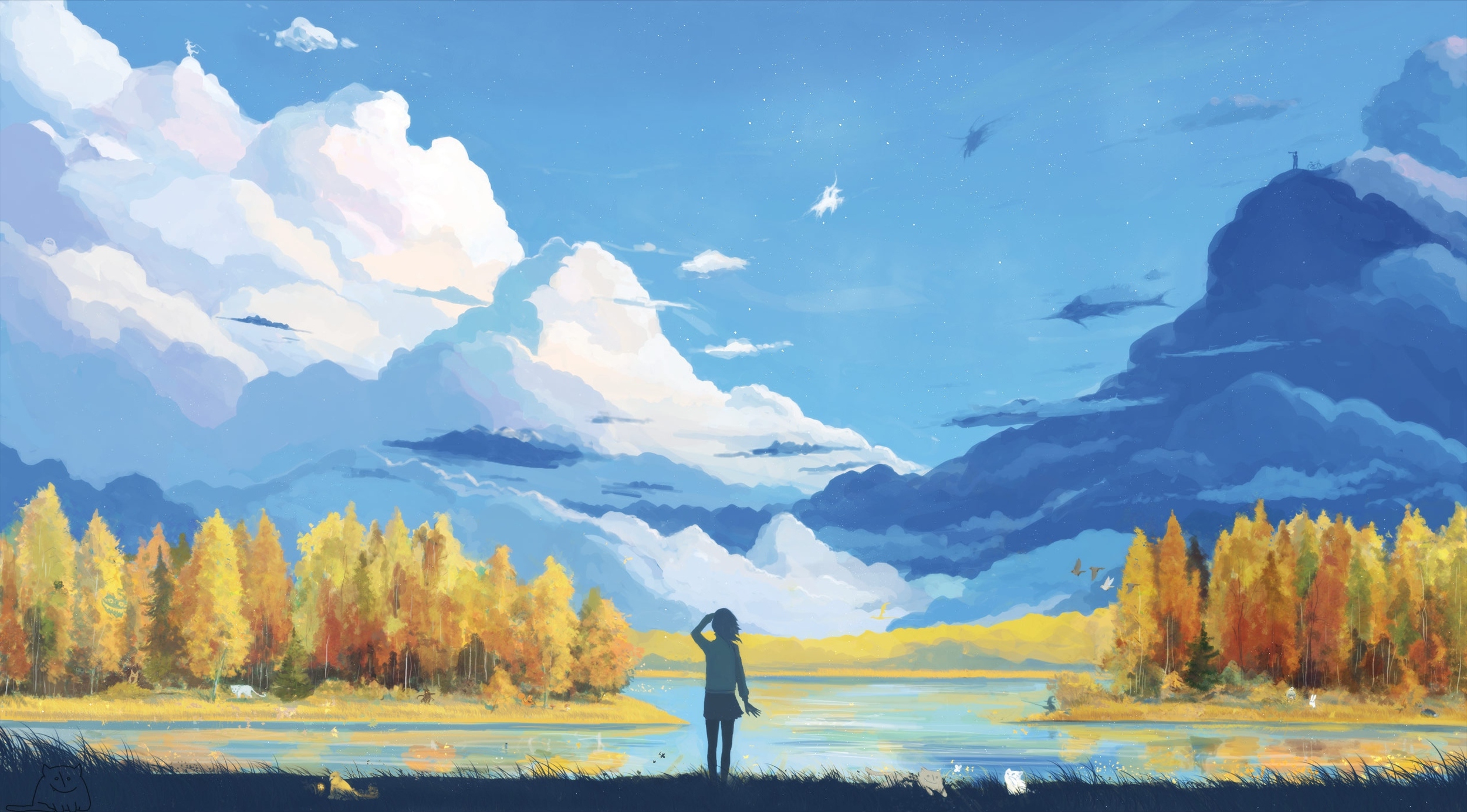 Wallpaper Clouds, Girl, Anime Landscape, Scenic, Trees, Relaxing, Mountain:2500x1384