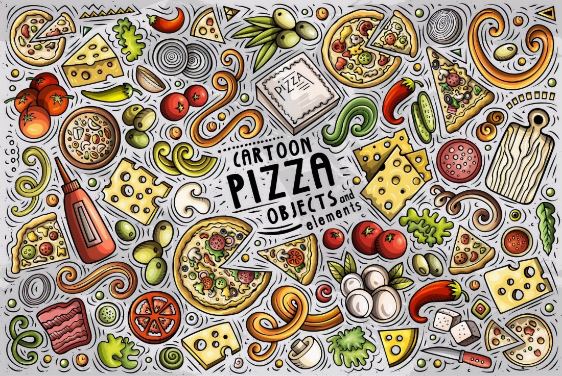 Cartoon Colorful Fast Foods and Pizza Wallpaper Mural • Wallmur®