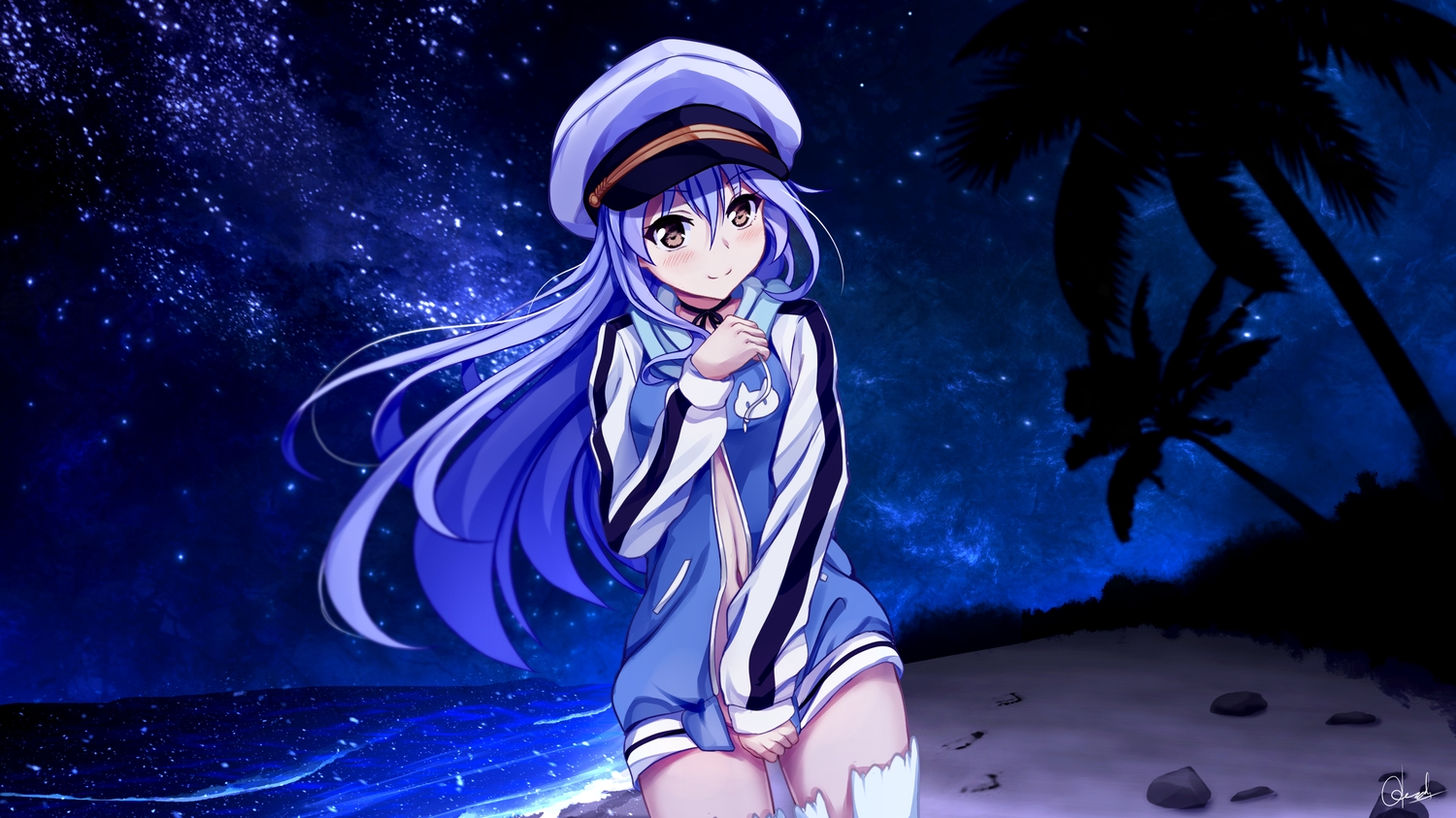 beach brown eyes choker chrisandita hat hoodie island (game) long hair night nopan ohara rinne signed sky stars thighhighs tree water white hair. konachan.com.com Anime Wallpaper