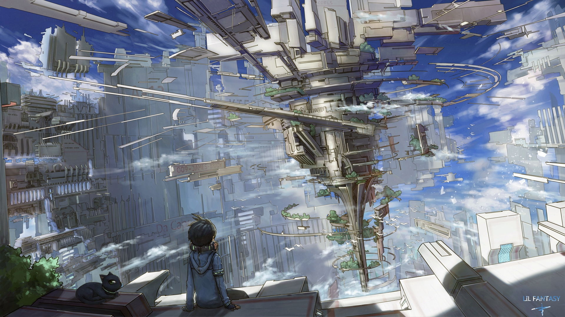 Download 1920x1080 Anime Boy, Fantasy World, Sitting, Floating Island, Sci Fi Wallpaper For Widescreen