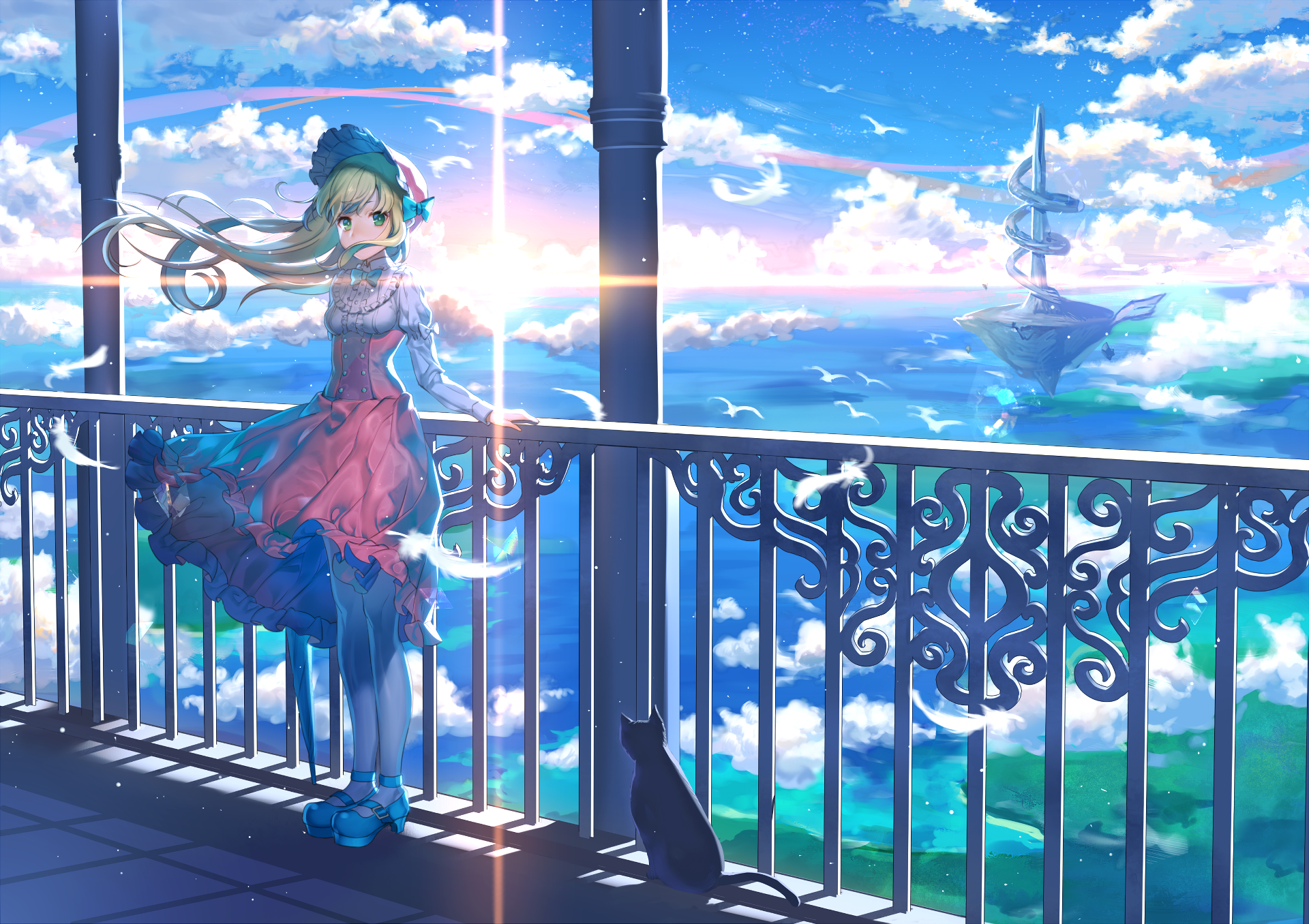 Anime Blonde Cat Cloud Dress Floating Island Girl Green Eyes Horizon Long Hair Ocean Original Anime Wallpaper:1920x1356