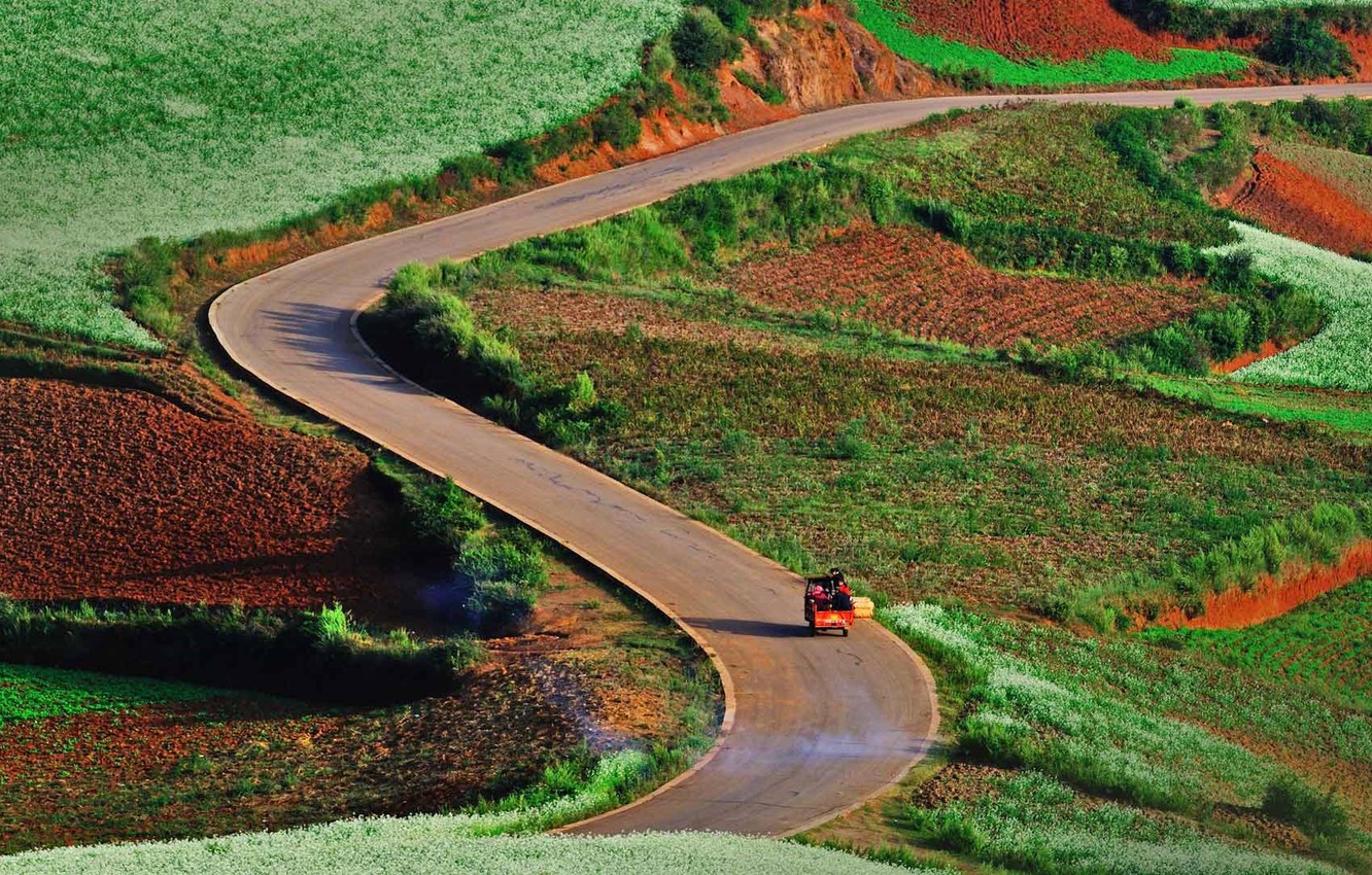 Wallpaper road, grass, China, car, the bushes, Yunnan image for desktop, section пейзажи