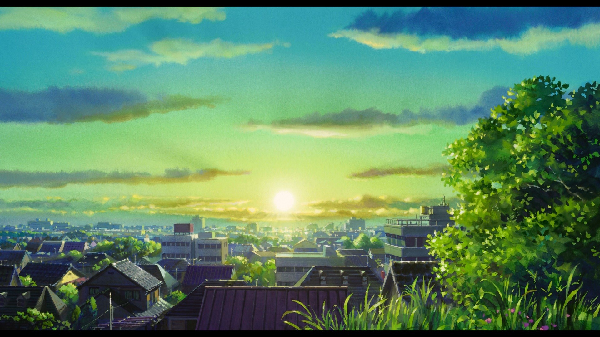 anime, Cityscape, Sun, Sunlight, Town Wallpaper HD / Desktop and Mobile Background