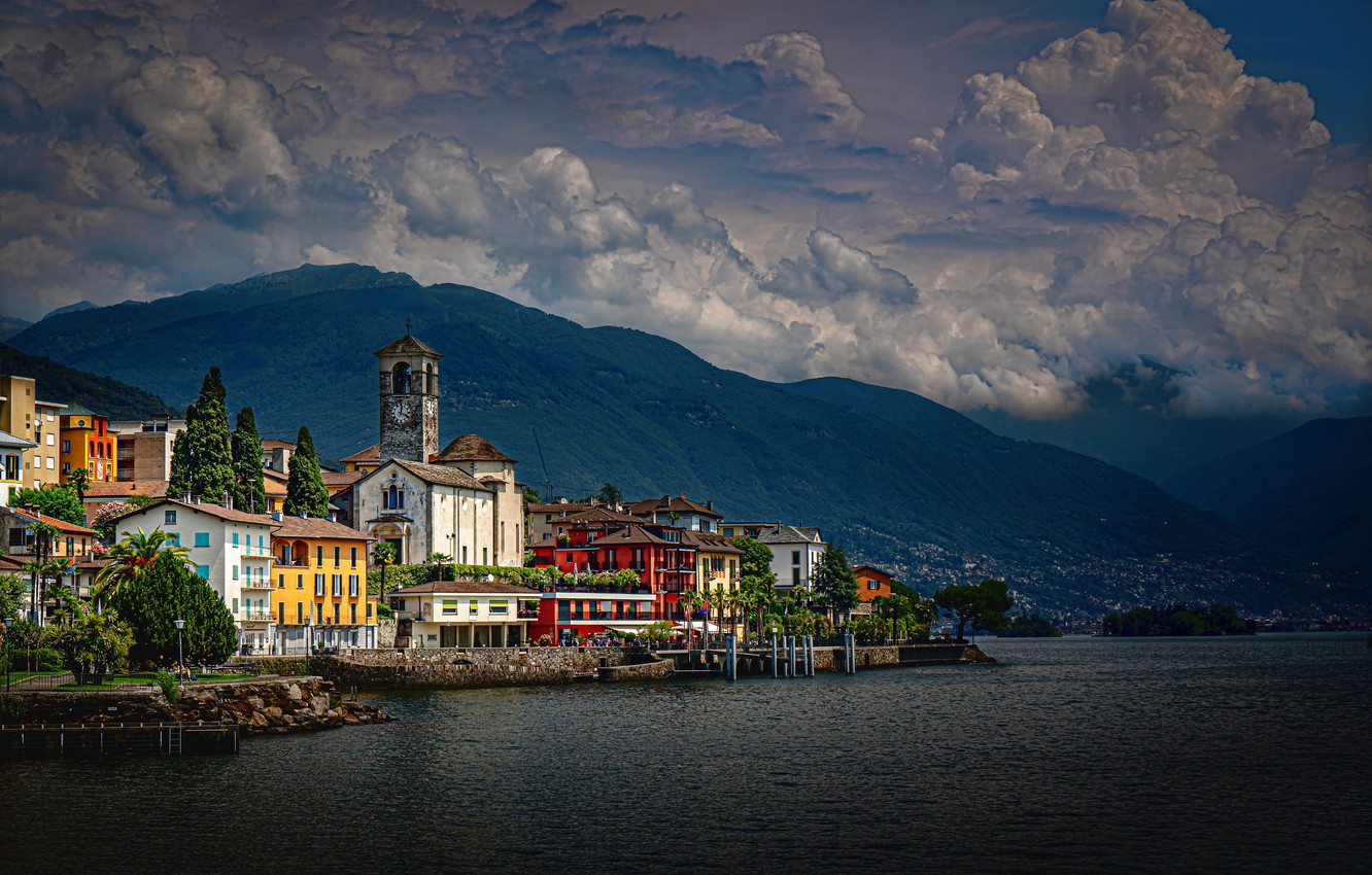 Wallpaper clouds, mountains, lake, building, home, Switzerland, Alps, Church, Switzerland, Alps, Maggiore, Lake Maggiore, Brissago, Brissago, Lake Maggiore image for desktop, section город