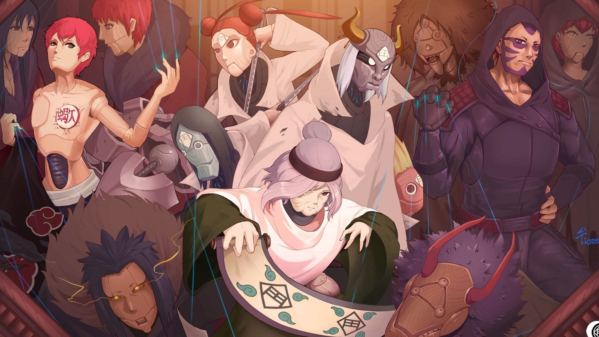 Download wallpaper Naruto, anime, ninja, puppet, shinobi, Sasori, Naruto Shippuden, hood, jutsu, kazekage, chakra, Kankuro, Kazekage of sunagakure no Sato, japonese, Chiyo, by frozenbz, section shonen in resolution 1920x1080