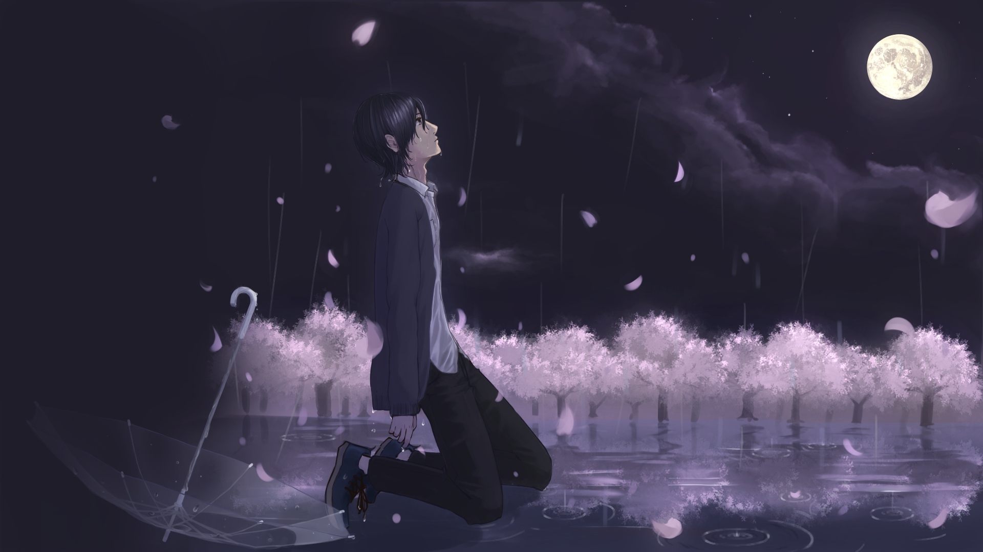 Wallpaper Raining, Moon, Teary Eyes, Anime Boy, Petals, Sadness, Crying:1920x1080