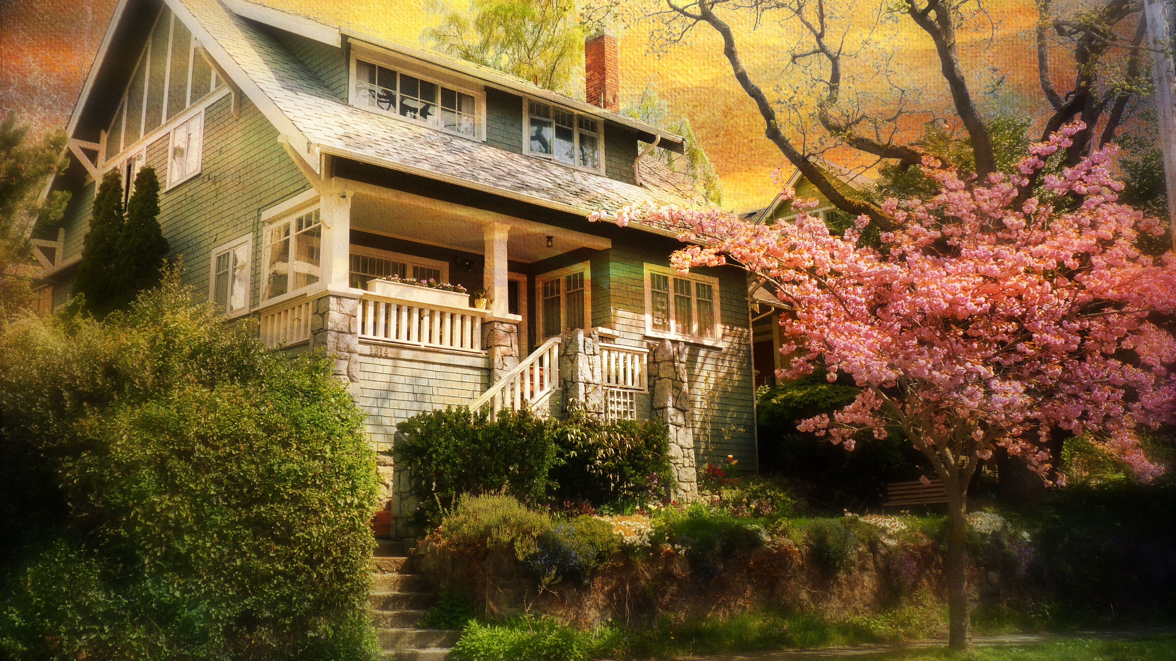 Blossom House Man Made Spring Tree Vintage Wallpaper:3840x2160