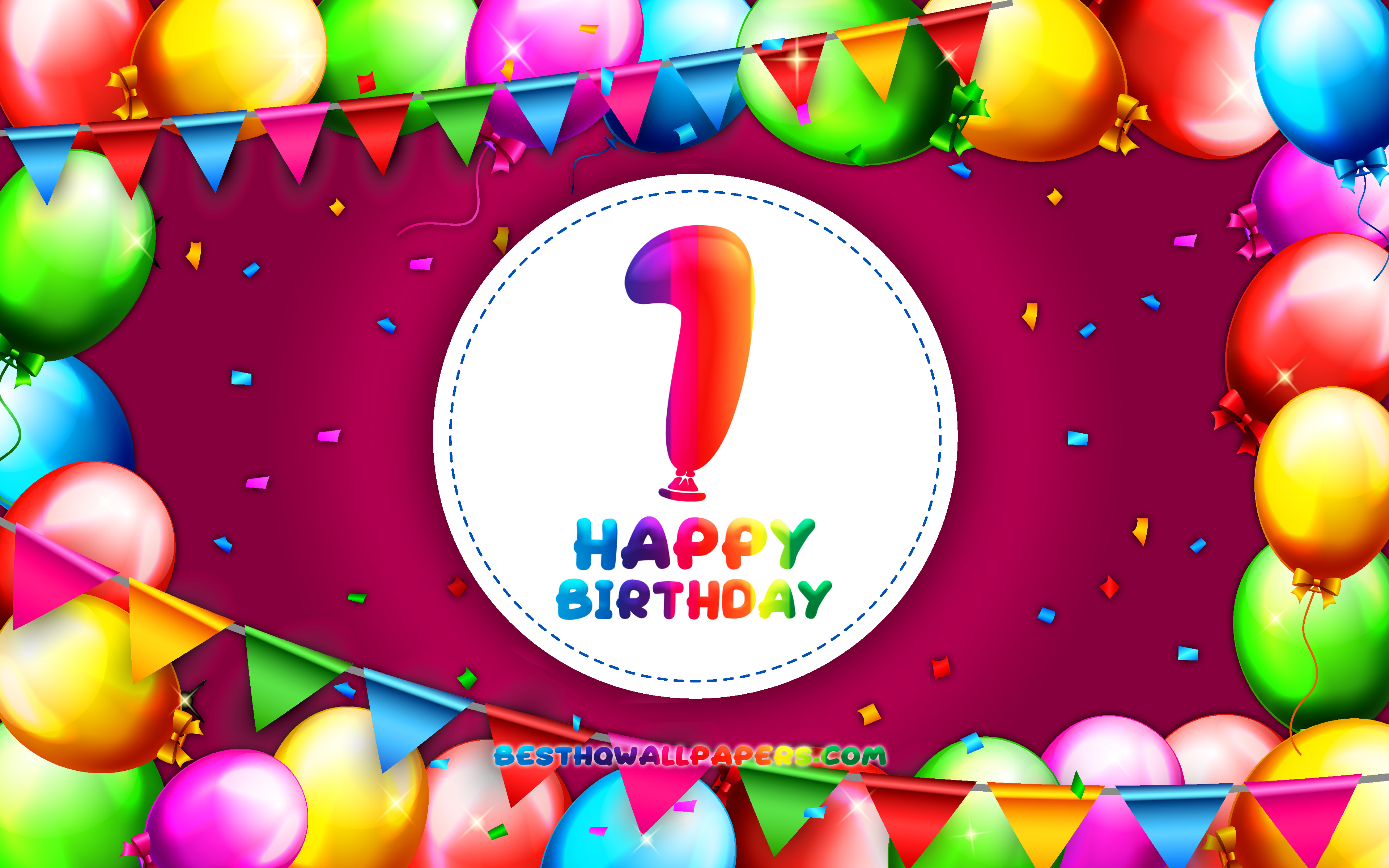 Download wallpaper Happy 1st birthday, 4k, colorful balloon frame, Birthday Party, purple background, Happy 1 Years Birthday, creative, 1st Birthday, Birthday concept, 1st Birthday Party for desktop with resolution 3840x2400. High Quality