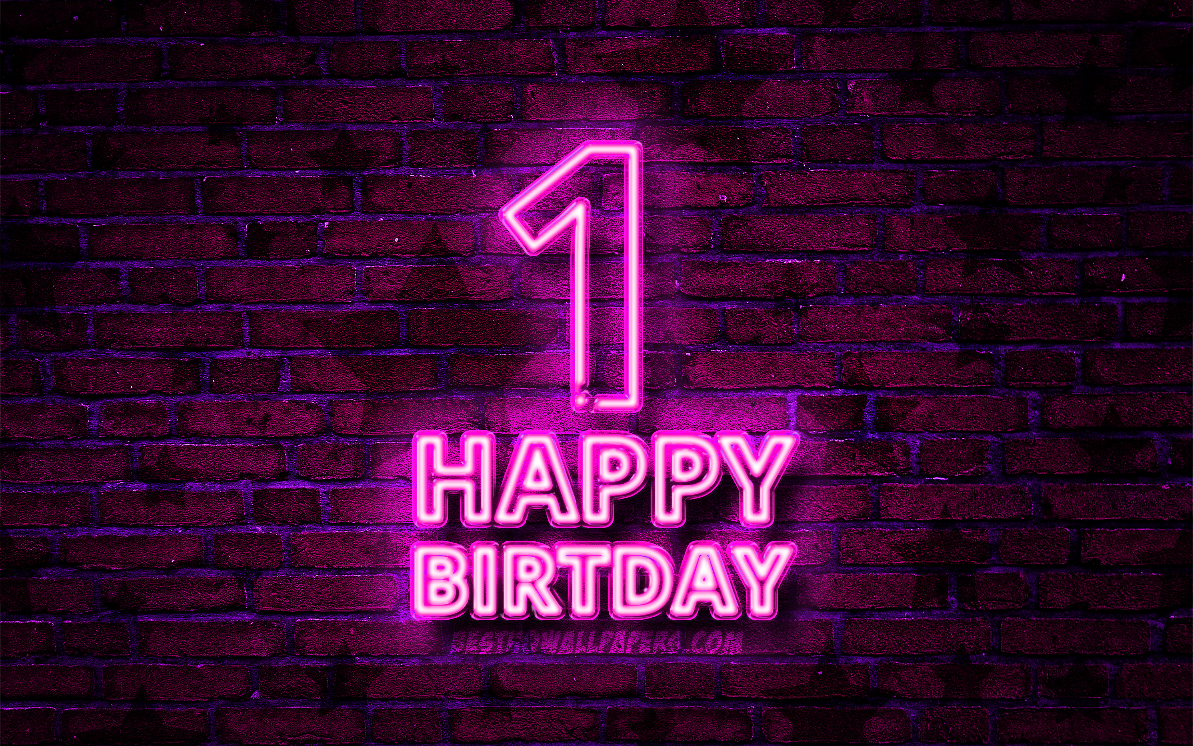Download wallpaper Happy 1 Years Birthday, 4k, purple neon text, 1st Birthday Party, purple brickwall, Happy 1st birthday, Birthday concept, Birthday Party, 1st Birthday for desktop with resolution 3840x2400. High Quality HD