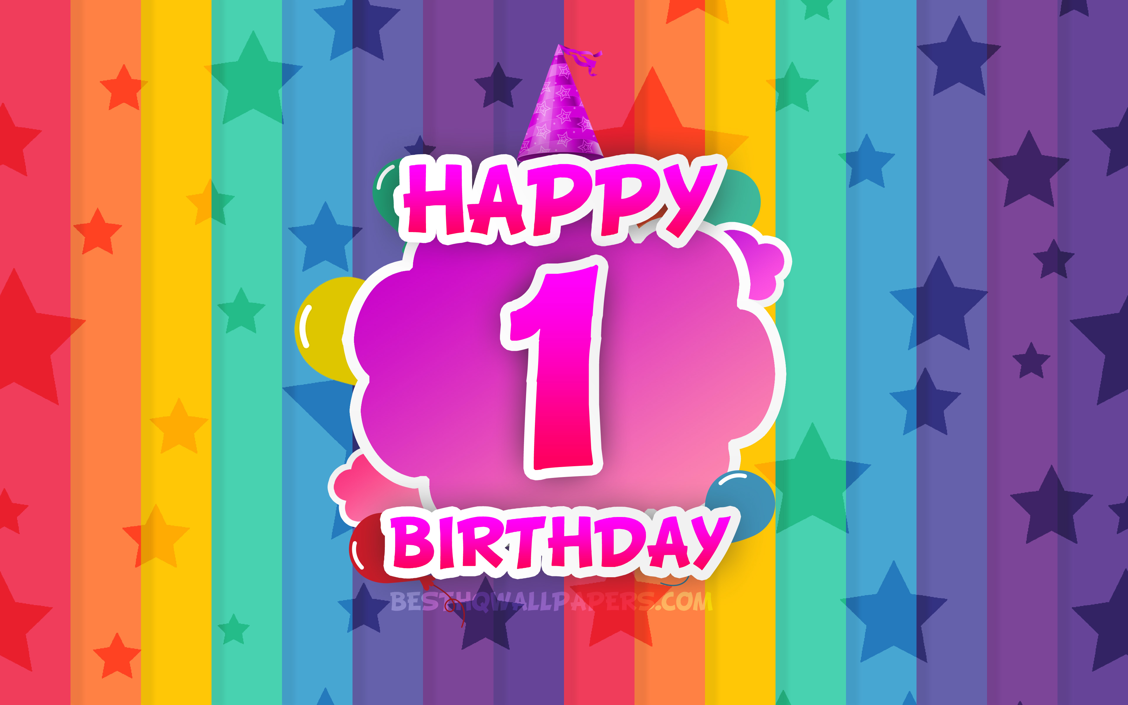 Download wallpaper Happy 1st birthday, colorful clouds, 4k, Birthday concept, rainbow background, Happy 1 Years Birthday, creative 3D letters, 1st Birthday, Birthday Party, 1st Birthday Party for desktop with resolution 3840x2400. High