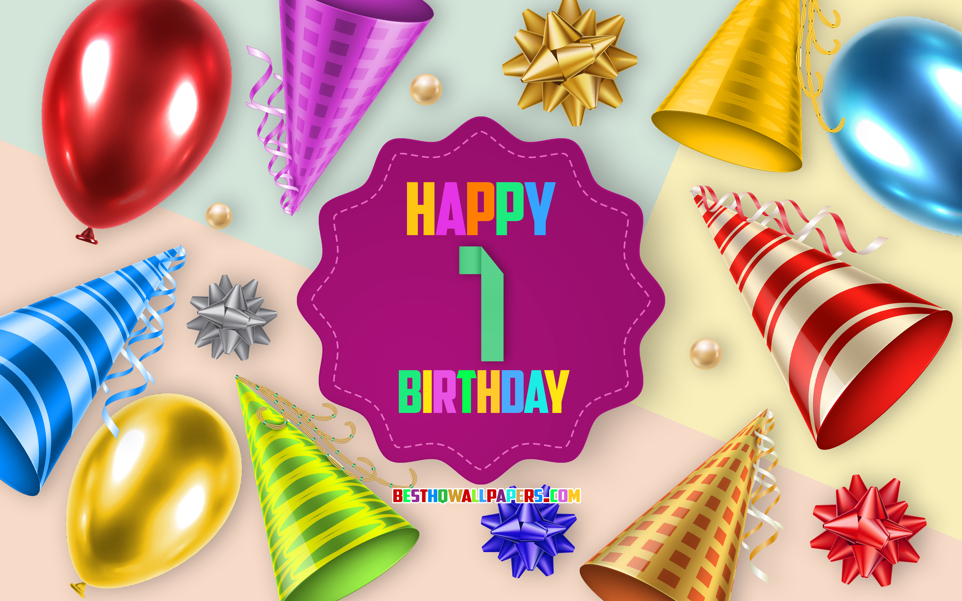 Download wallpaper Happy 1 Year Birthday, Greeting Card, Birthday Balloon Background, creative art, Happy 1st birthday, silk bows, 1st Birthday, Birthday Party Background for desktop with resolution 3840x2400. High Quality HD picture