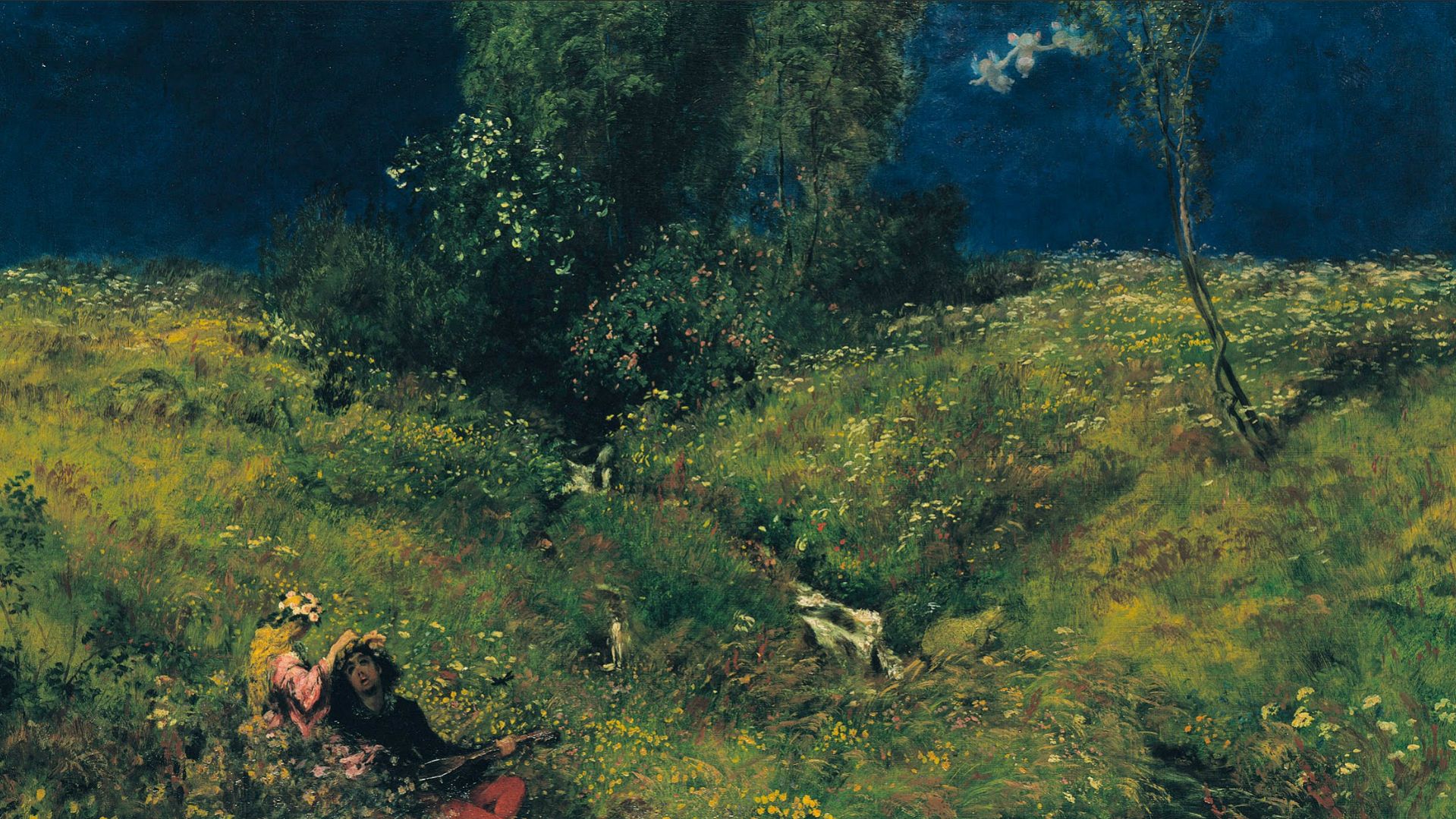 Classic Art Traditional Art Painting Oil Painting Couple Landscape Green Spring Night Wallpaper:1919x1079