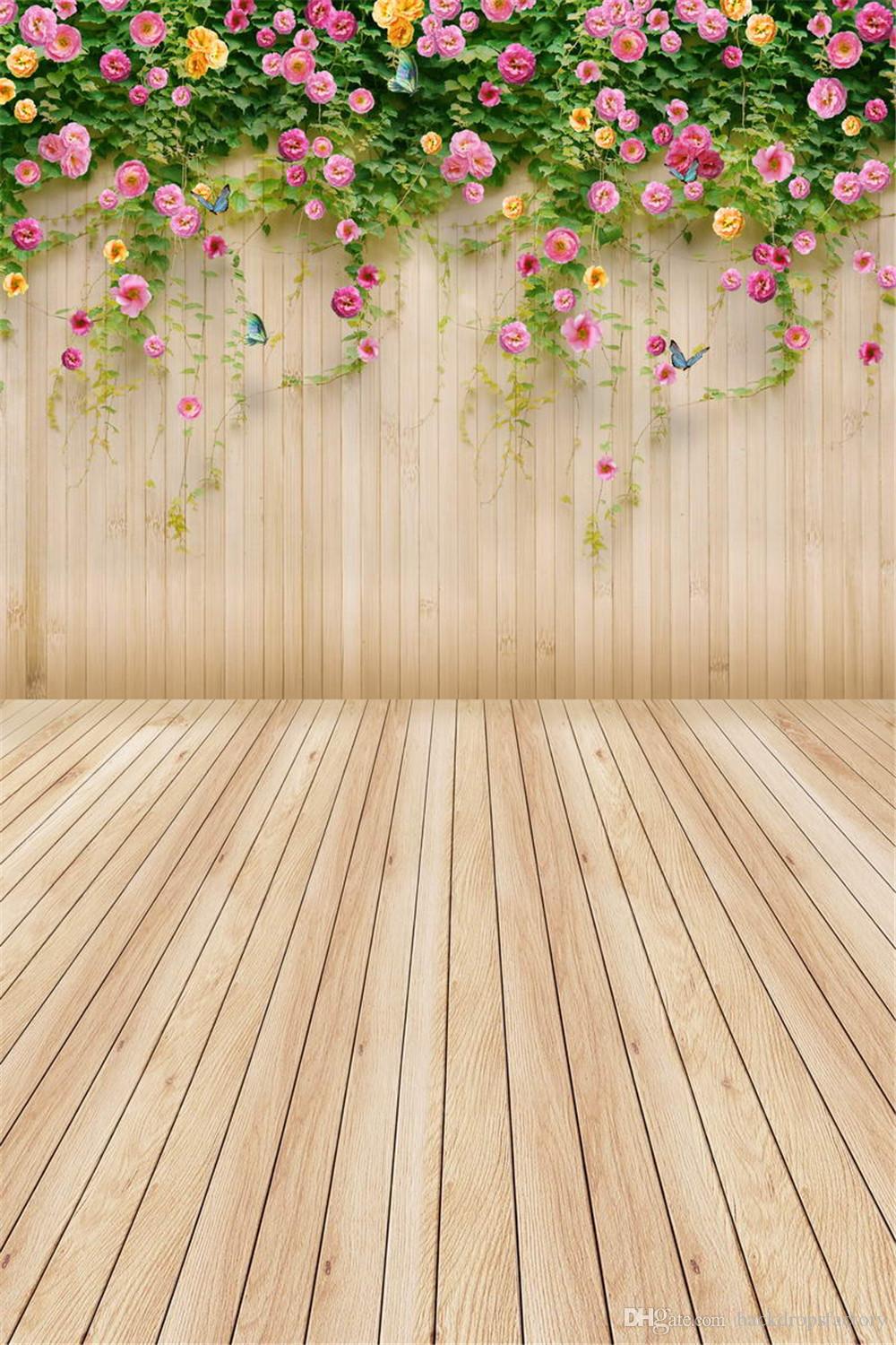 2022 Pink Yellow Flower Children Kids Spring Background Green Vines Wood Wall Floor Photography Backdrop Plank Baby Newborn Photo Shoot Wallpaper From Backdropsfactory, $17.57