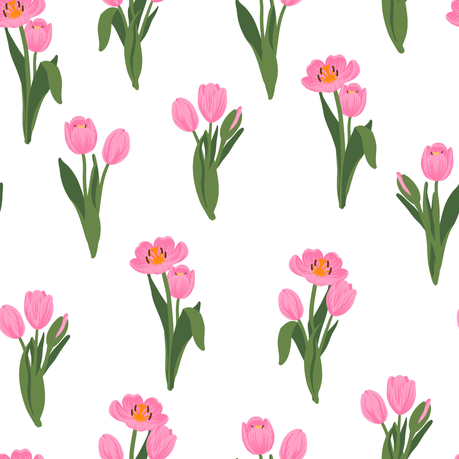 Seamless floral pattern red, yellow, purple, pink tulips and green leaves. Spring flowers background for wrapping, textile, wallpaper, scrapbook, Easter, Happy Mothers, Womens Day. Flat cartoon design