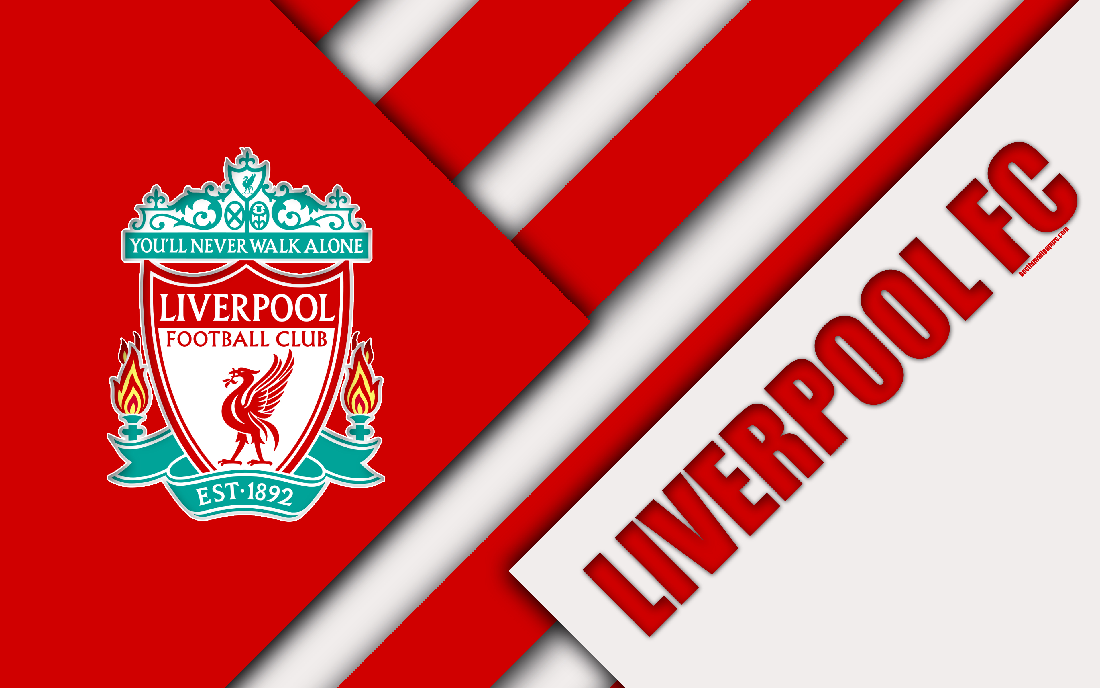 Download wallpaper Liverpool FC, logo, 4k, material design, red white abstraction, football, Liverpool, England, UK, Premier League, English football club for desktop with resolution 3840x2400. High Quality HD picture wallpaper
