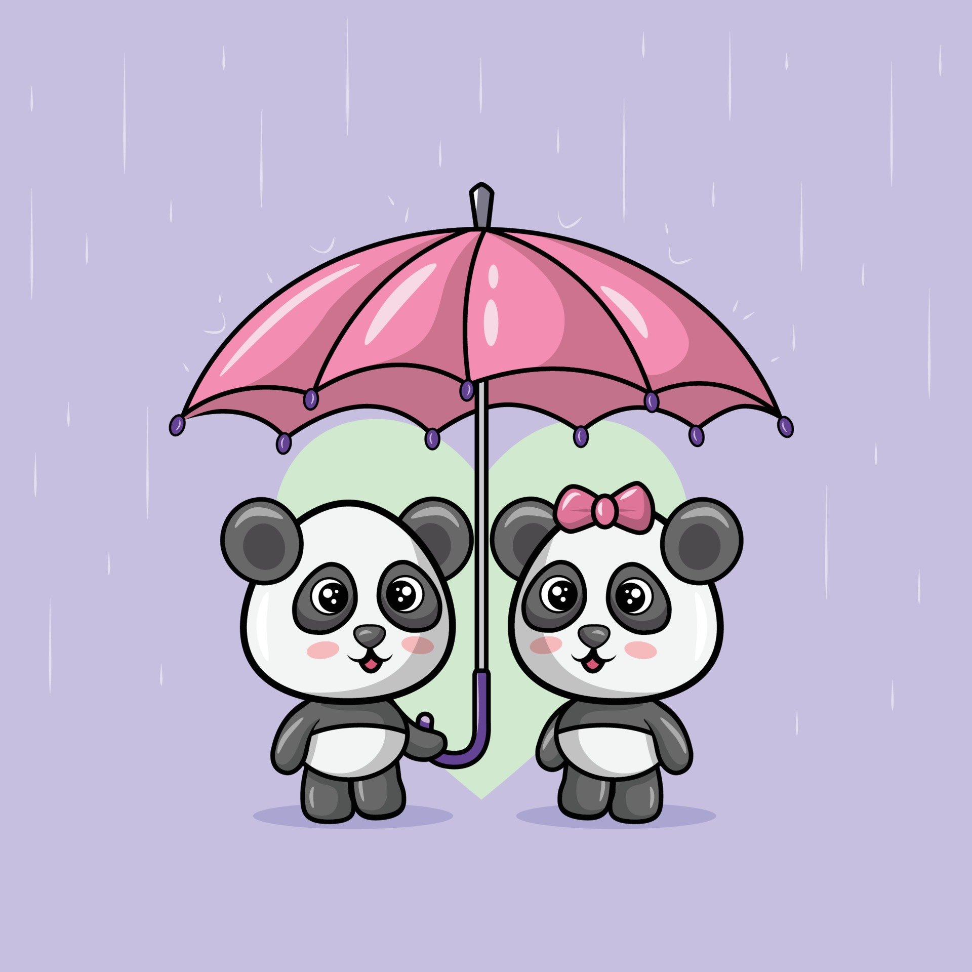 illustration of cute panda couple animal using umbrella together